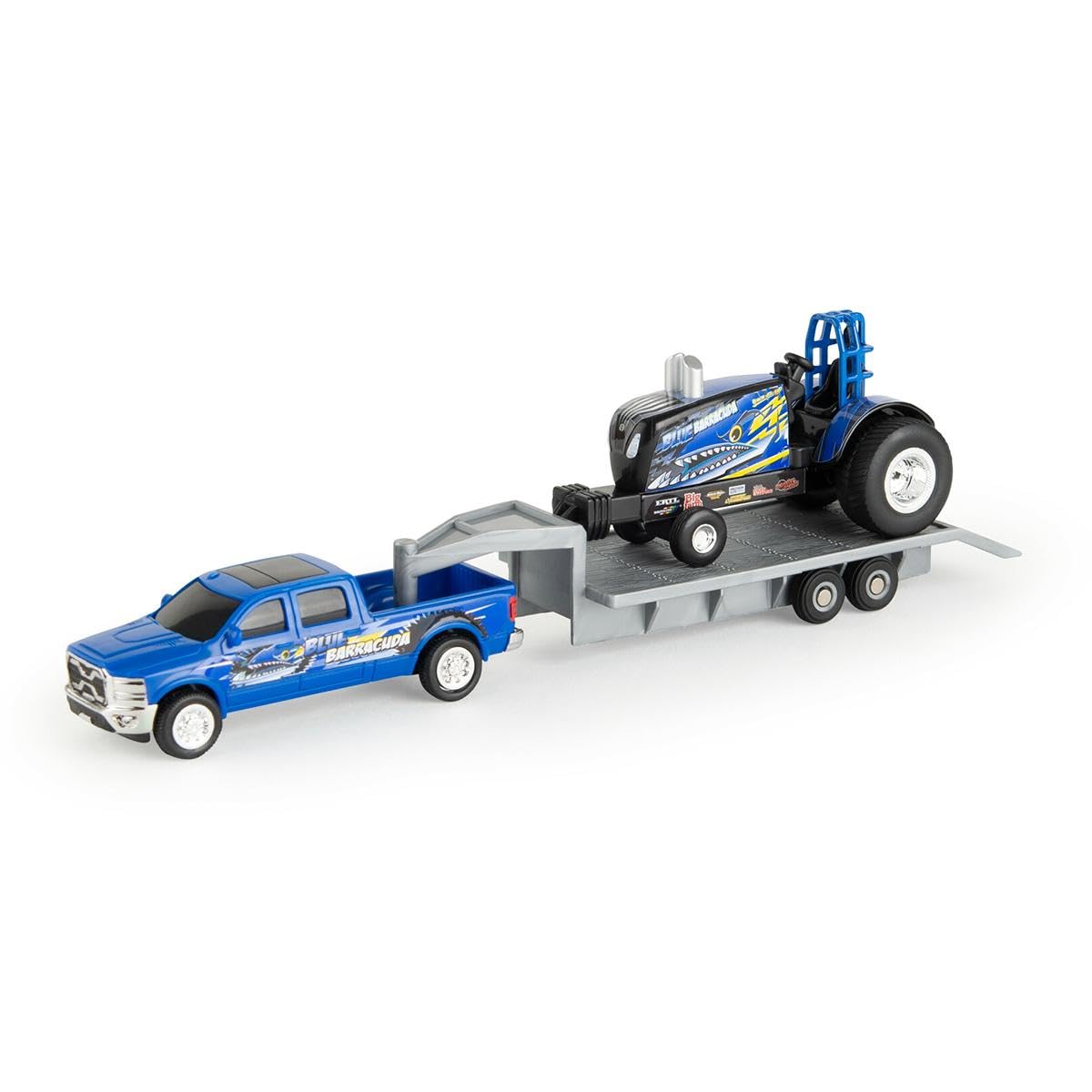Agriculture 1/64 New Holland Blue Barracuda Pulling Tractor with Pickup Truck & Trailer – 47570