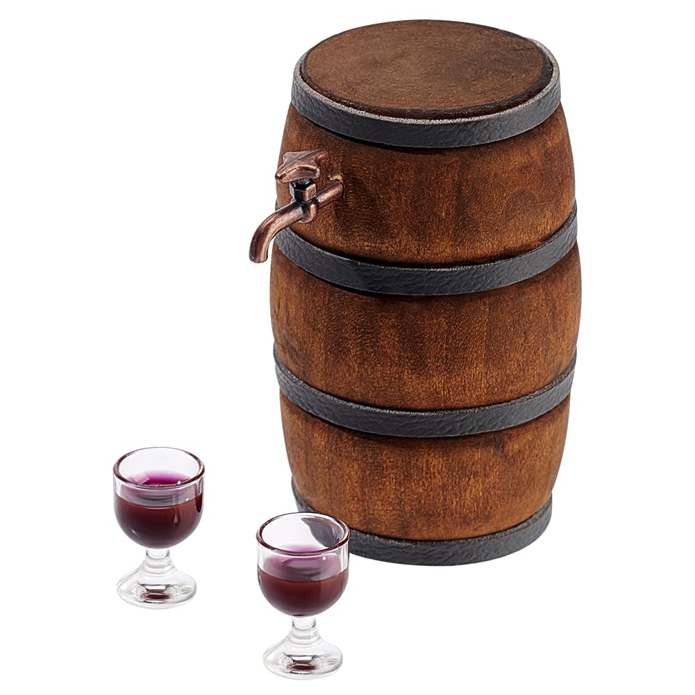 AHANDMAKER Miniature Wooden Beer Barrel with Faucet & Glass — Dollhouse Bar Accessories