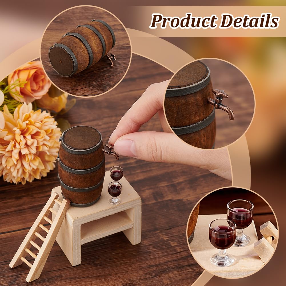 AHANDMAKER Miniature Wooden Beer Barrel with Faucet & Glass — Dollhouse Bar Accessories