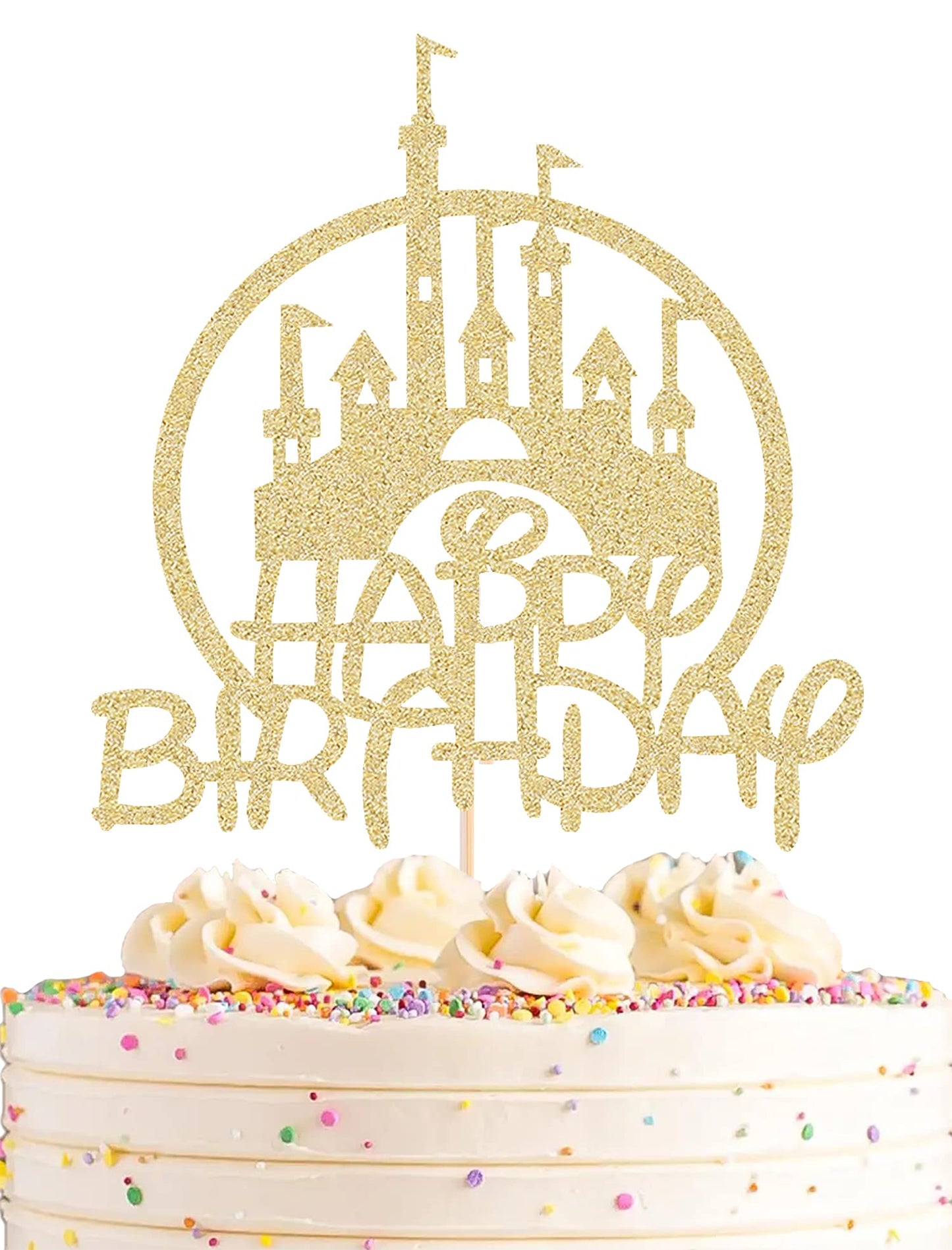 Castle Birthday Cake Topper - Gold Glitter Castle Theme - AHAORAY