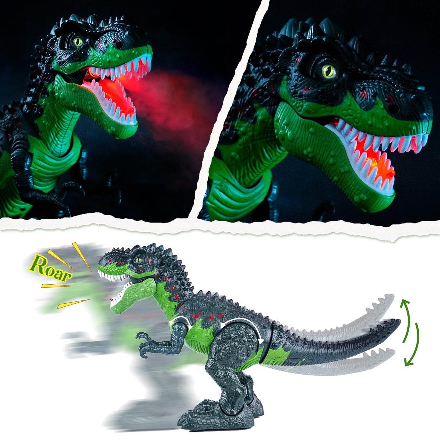 AHCo. Big Walking T-Rex Toy Plus – Realistic Dino with 3D Eyes, Mist, Lights & Roar for Kids 3+