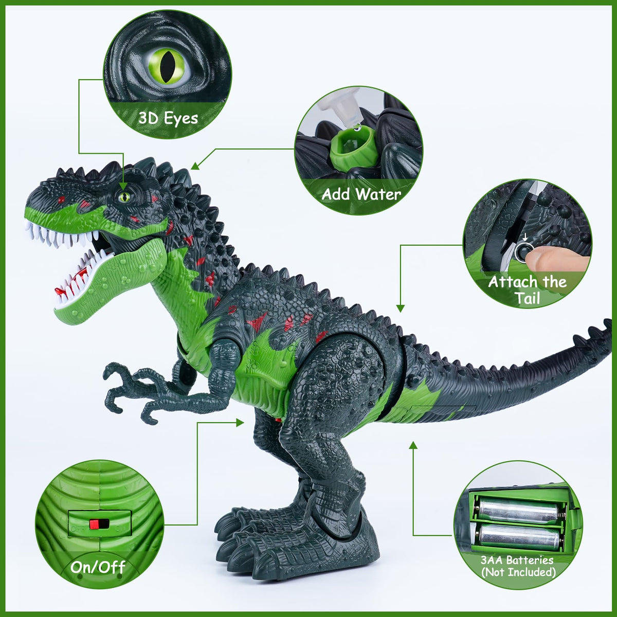AHCo. Big Walking T-Rex Toy Plus – Realistic Dino with 3D Eyes, Mist, Lights & Roar for Kids 3+