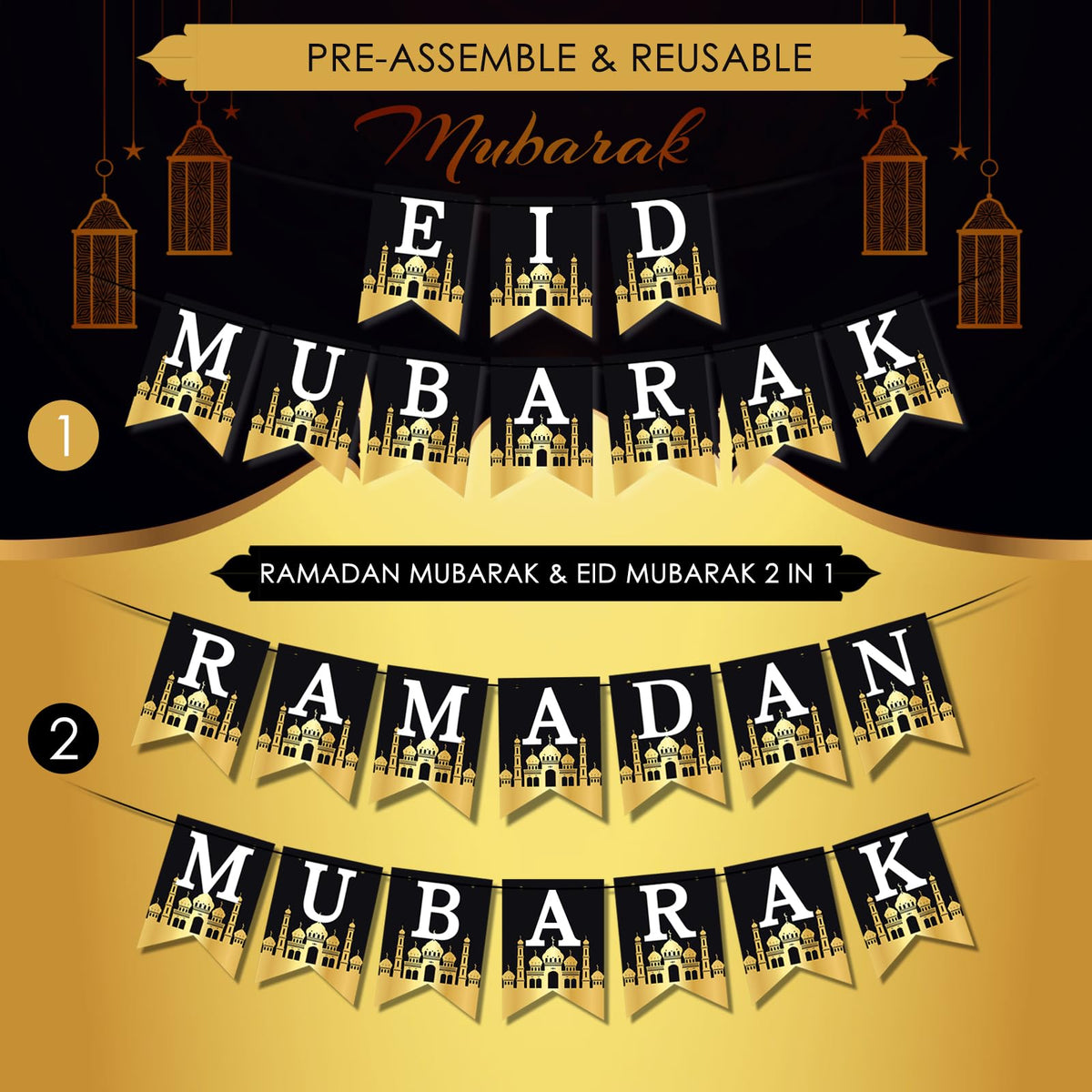AhfuLife Ramadan Eid Mubarak Decorations - Preassembled Banners, Star Moon Garland, Cupcake Toppers (21-Piece Set)