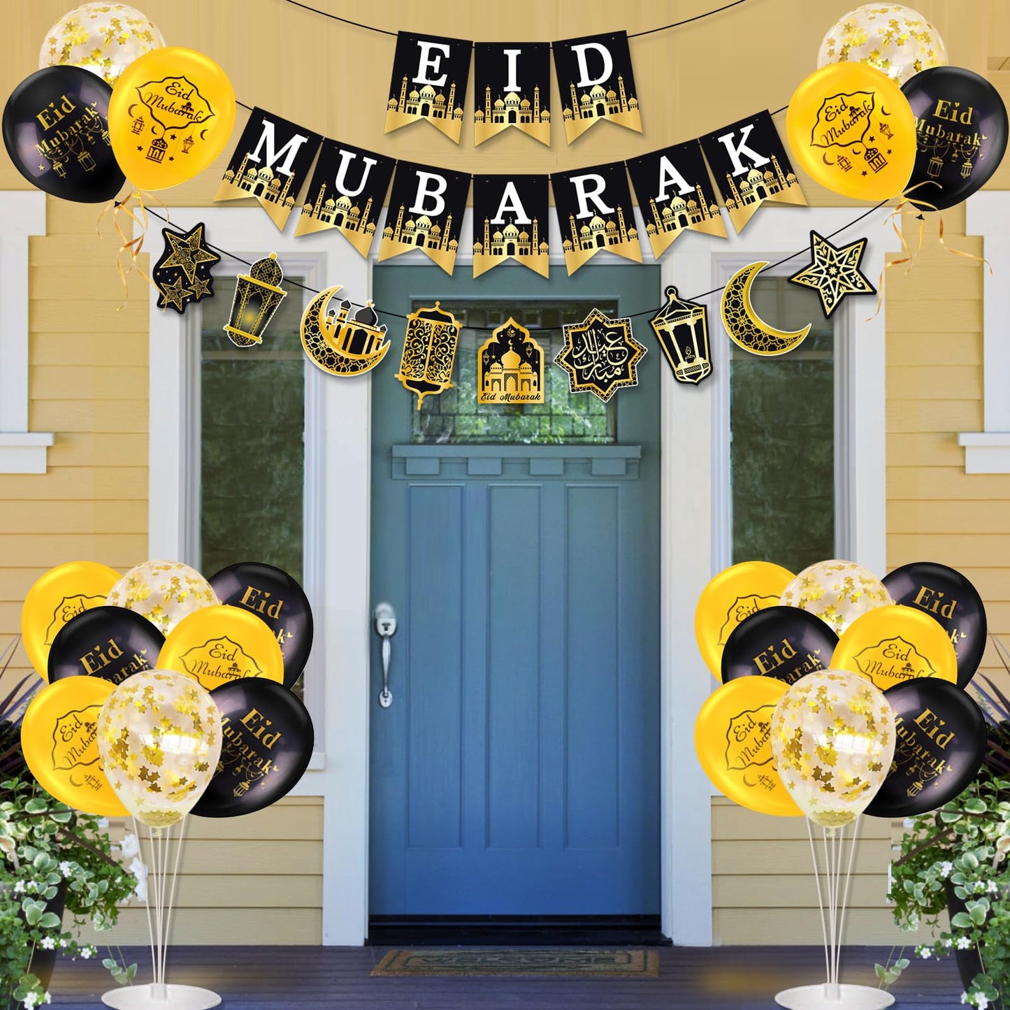 AhfuLife Ramadan Eid Banner Set – 4 Pcs, 16 Balloons, Ready-to-Hang Black & Gold