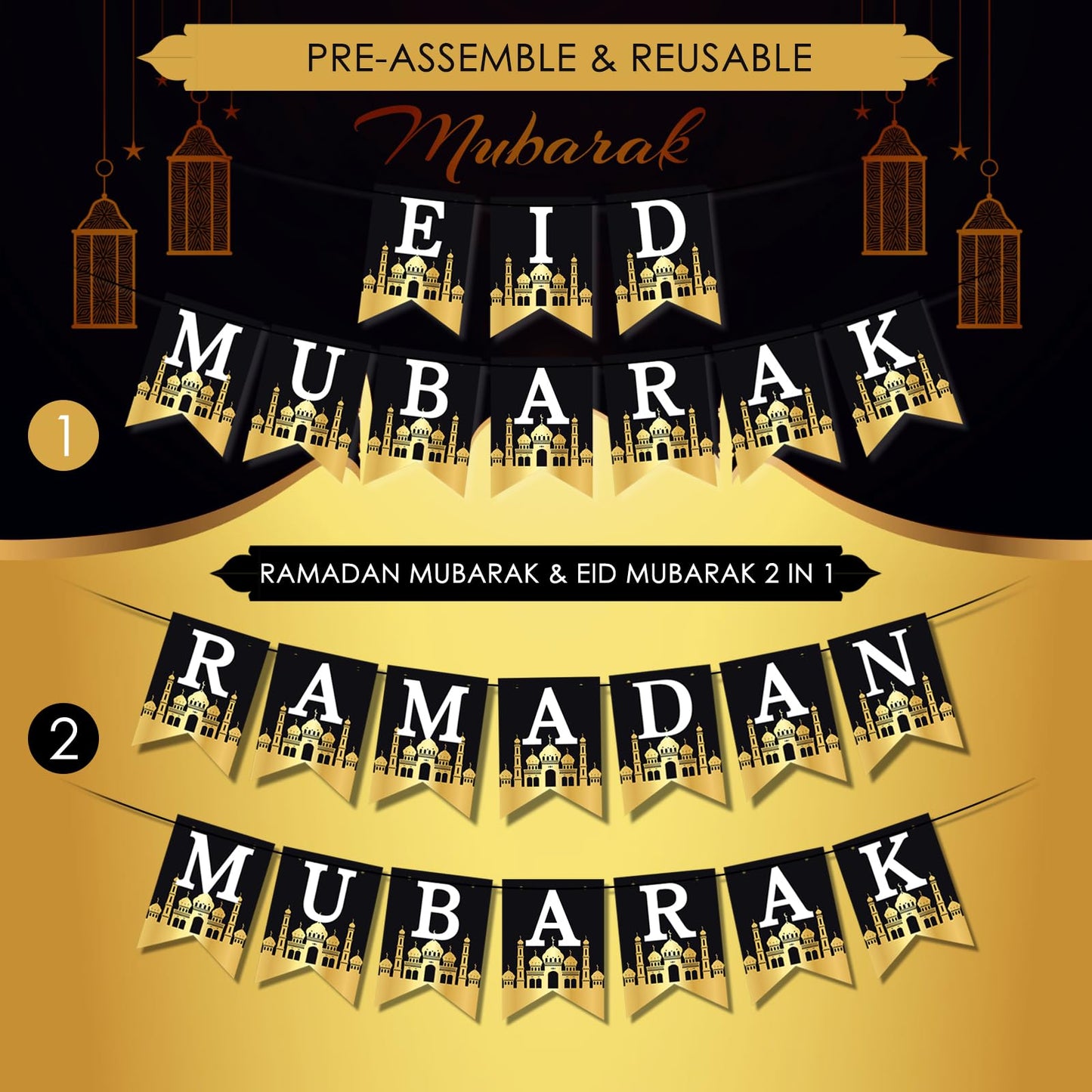 AhfuLife Ramadan Eid Banner Set – 4 Pcs, 16 Balloons, Ready-to-Hang Black & Gold