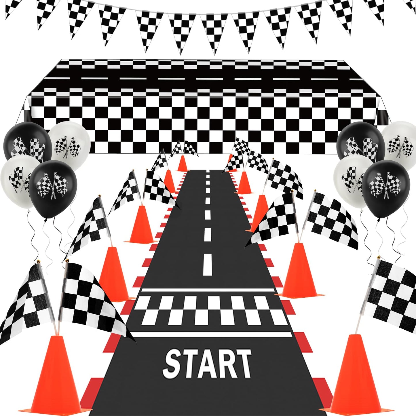 AHIER Race Car Party Decorations — 61-Piece Set with Traffic Cones & Checkered Flags