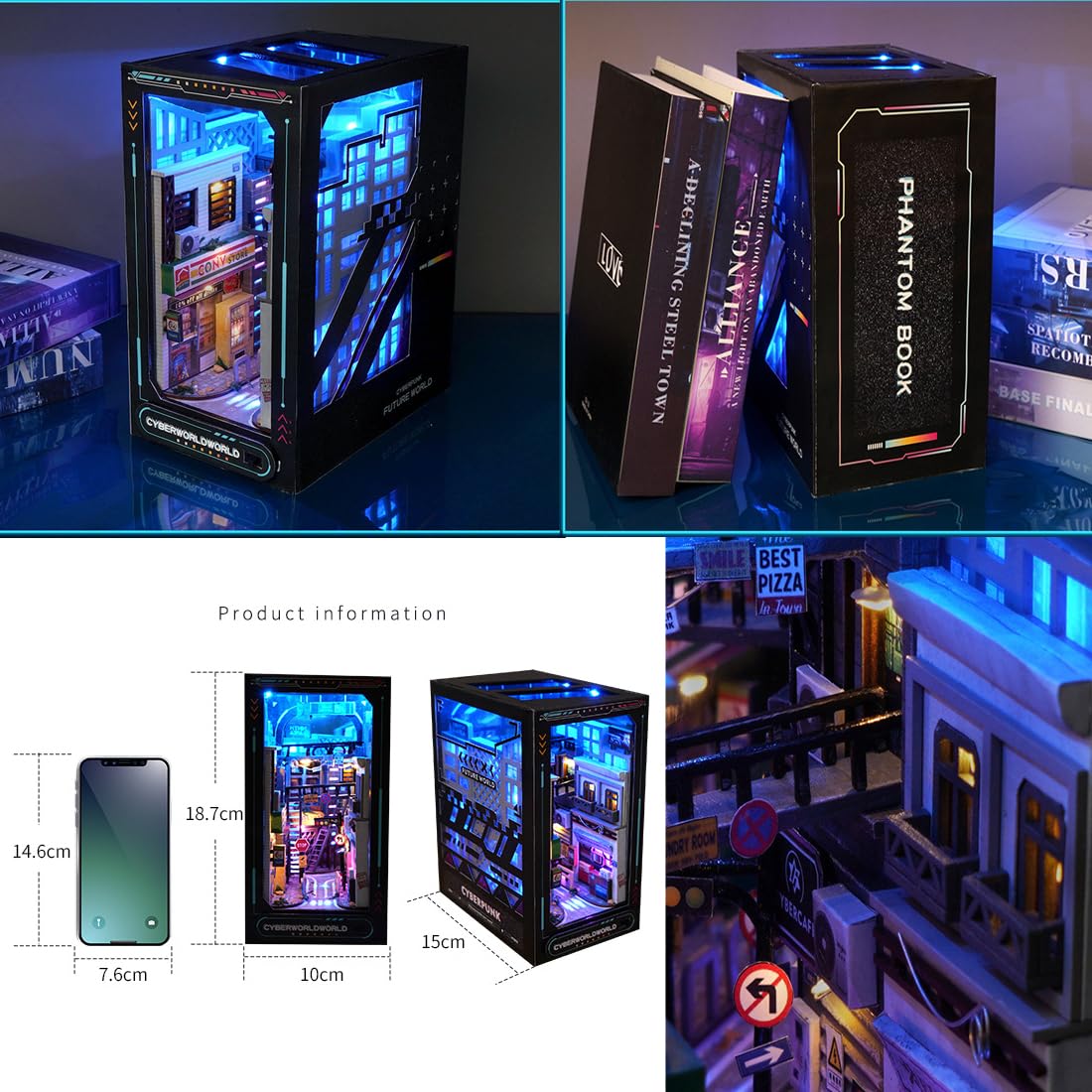 Ahilmrn Book Nook Cyberpunk 3D Dimensional Book Stand Kit | Unzip Blue Miniature Shelf Insert