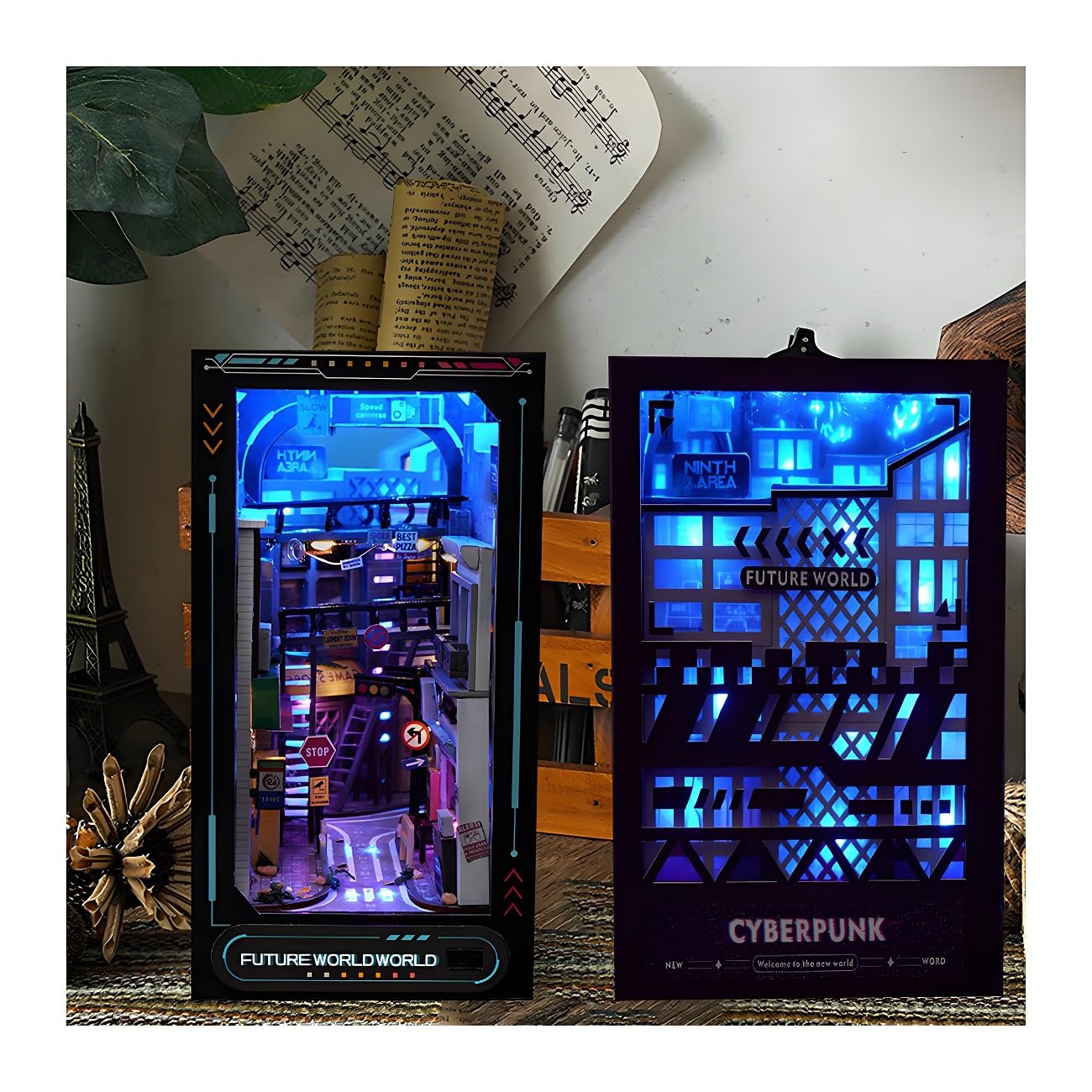 Ahilmrn Book Nook Cyberpunk 3D Dimensional Book Stand Kit | Unzip Blue Miniature Shelf Insert