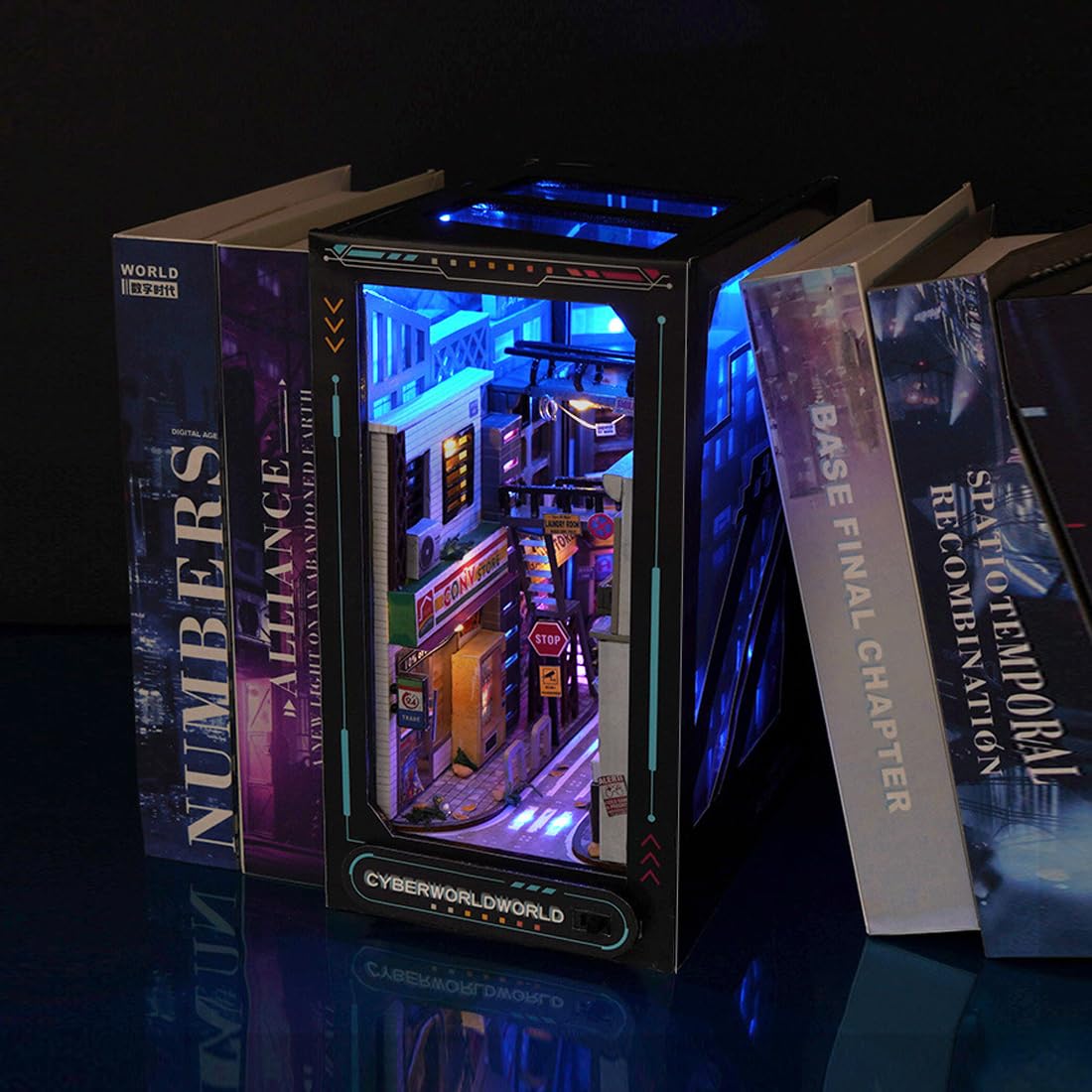 Ahilmrn Book Nook Cyberpunk 3D Dimensional Book Stand Kit | Unzip Blue Miniature Shelf Insert