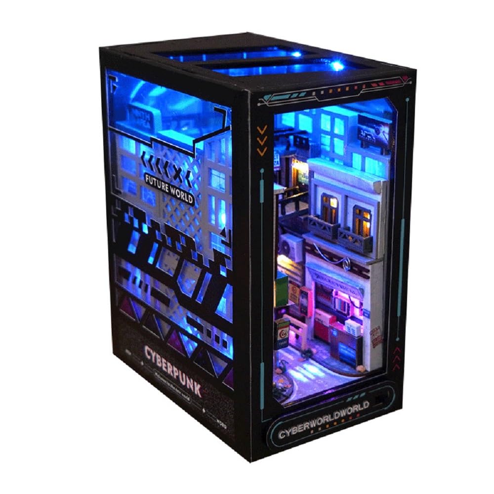 Ahilmrn Book Nook Cyberpunk 3D Dimensional Book Stand Kit | Unzip Blue Miniature Shelf Insert