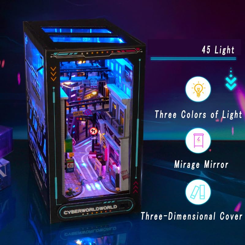 Ahilmrn Book Nook Cyberpunk 3D Dimensional Book Stand Kit | Unzip Blue Miniature Shelf Insert