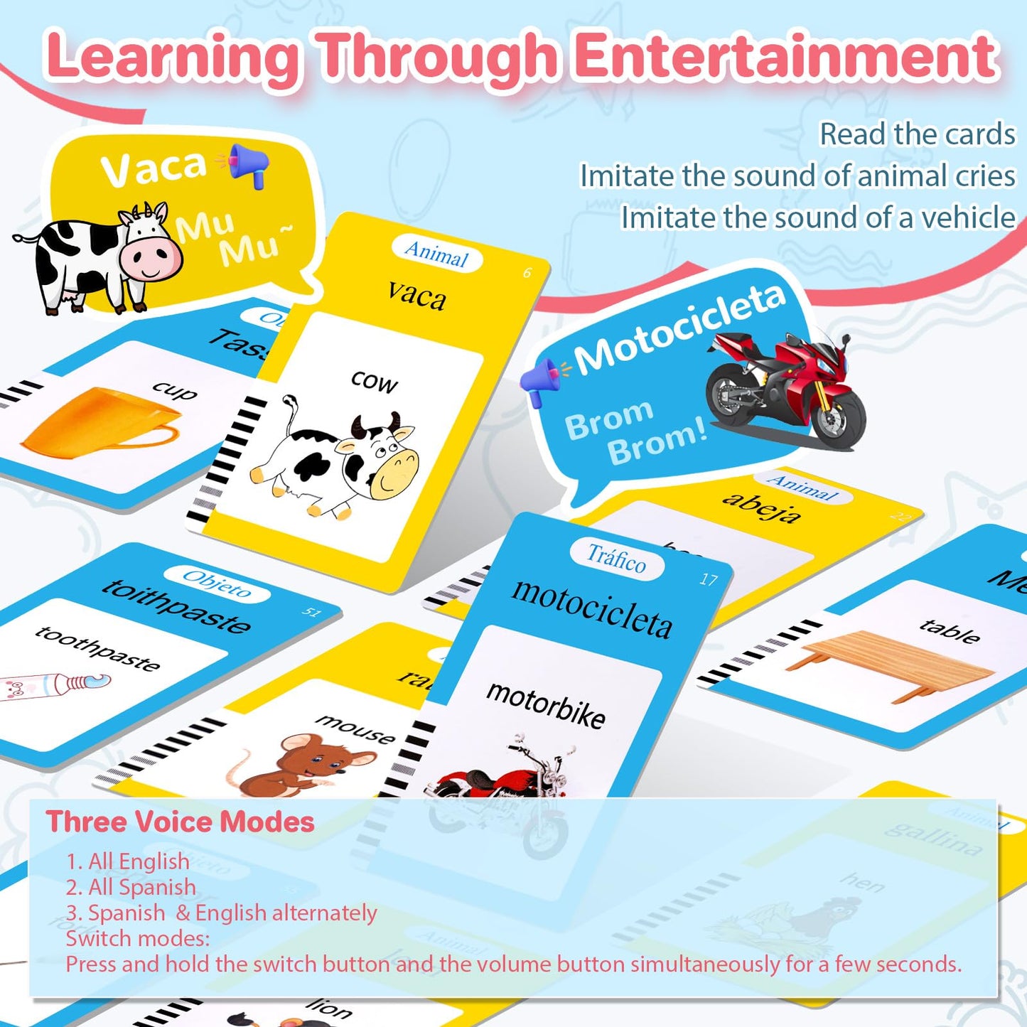 AHJ Talking Flash Cards for Toddlers – Bilingual English & Spanish Learning Toys (224 Words)