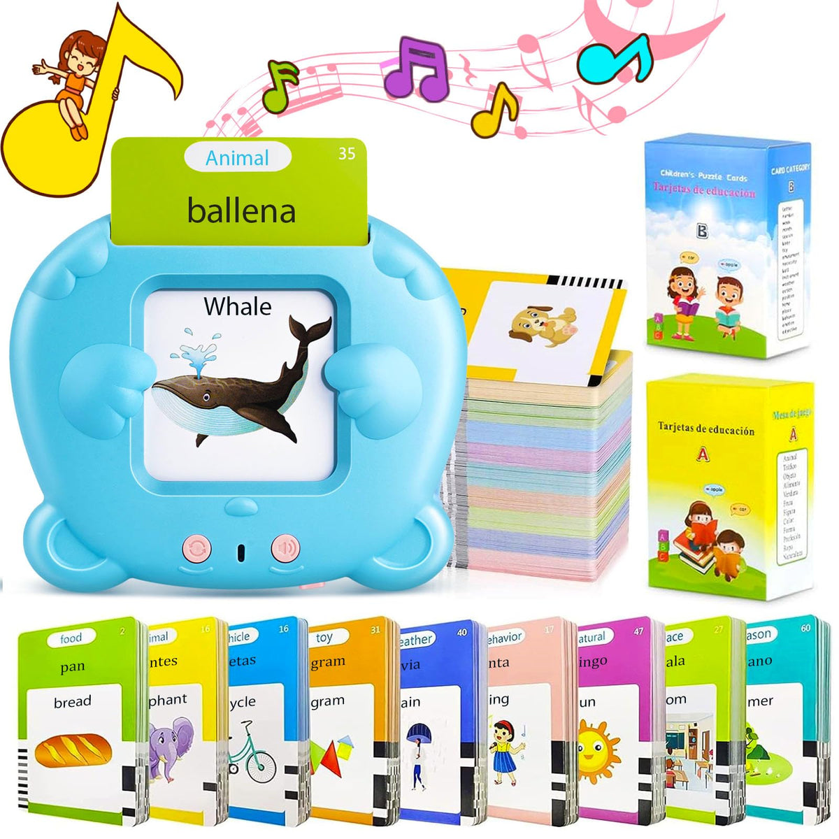 AHJ Talking Flash Cards for Toddlers – 510 Words, English & Spanish | Montessori Language Toy