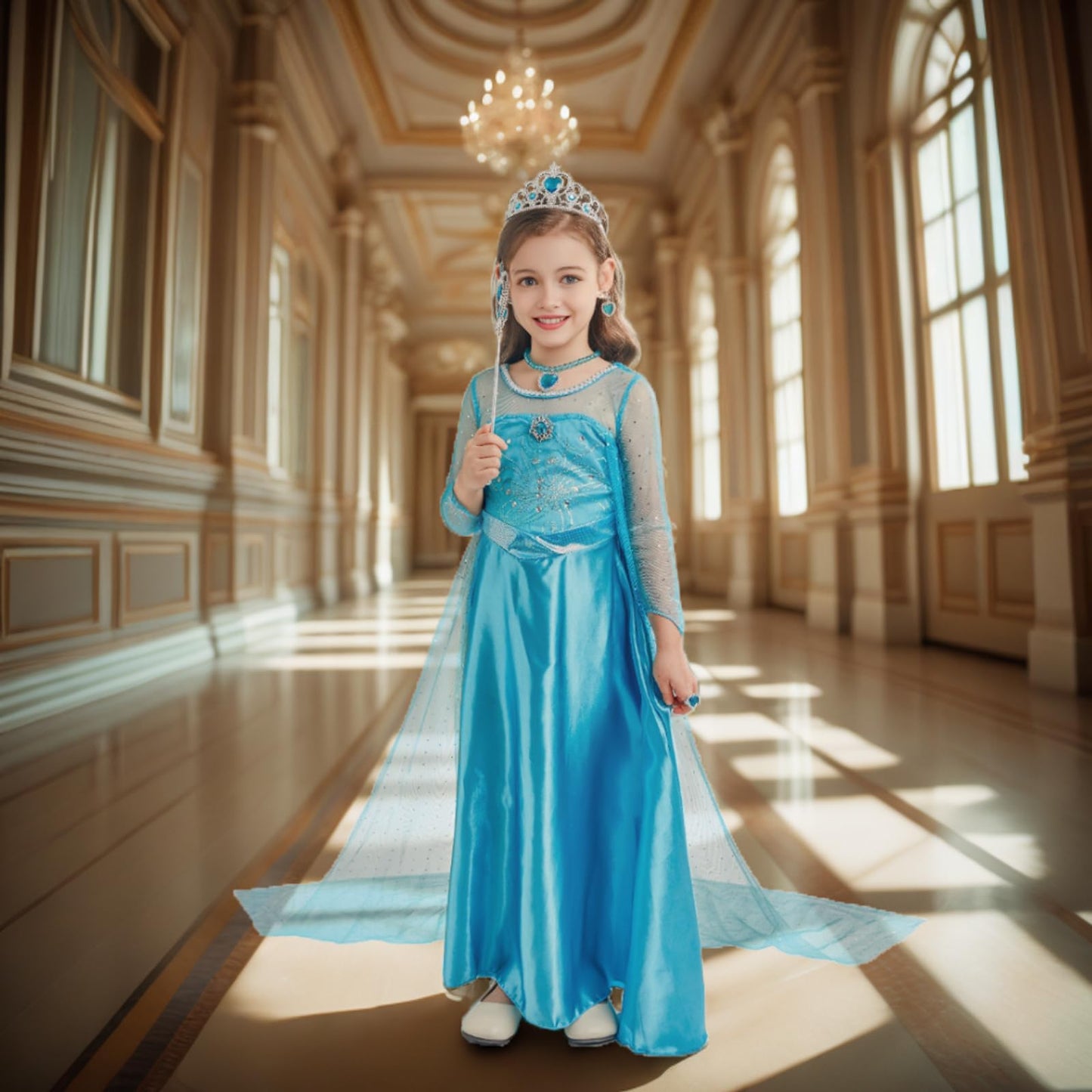 AHLPO Elsa Dress for Girls – Princess Costume with Accessories for Play, Halloween & Parties