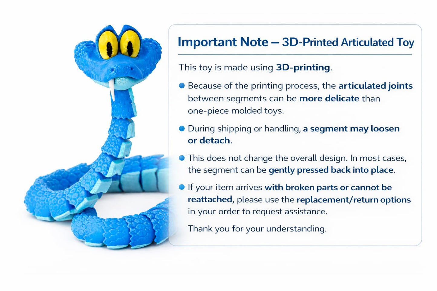 Ahlsense 3D-Printed 17-Inch Gary Snake Toy — Bendable, Articulated Figure