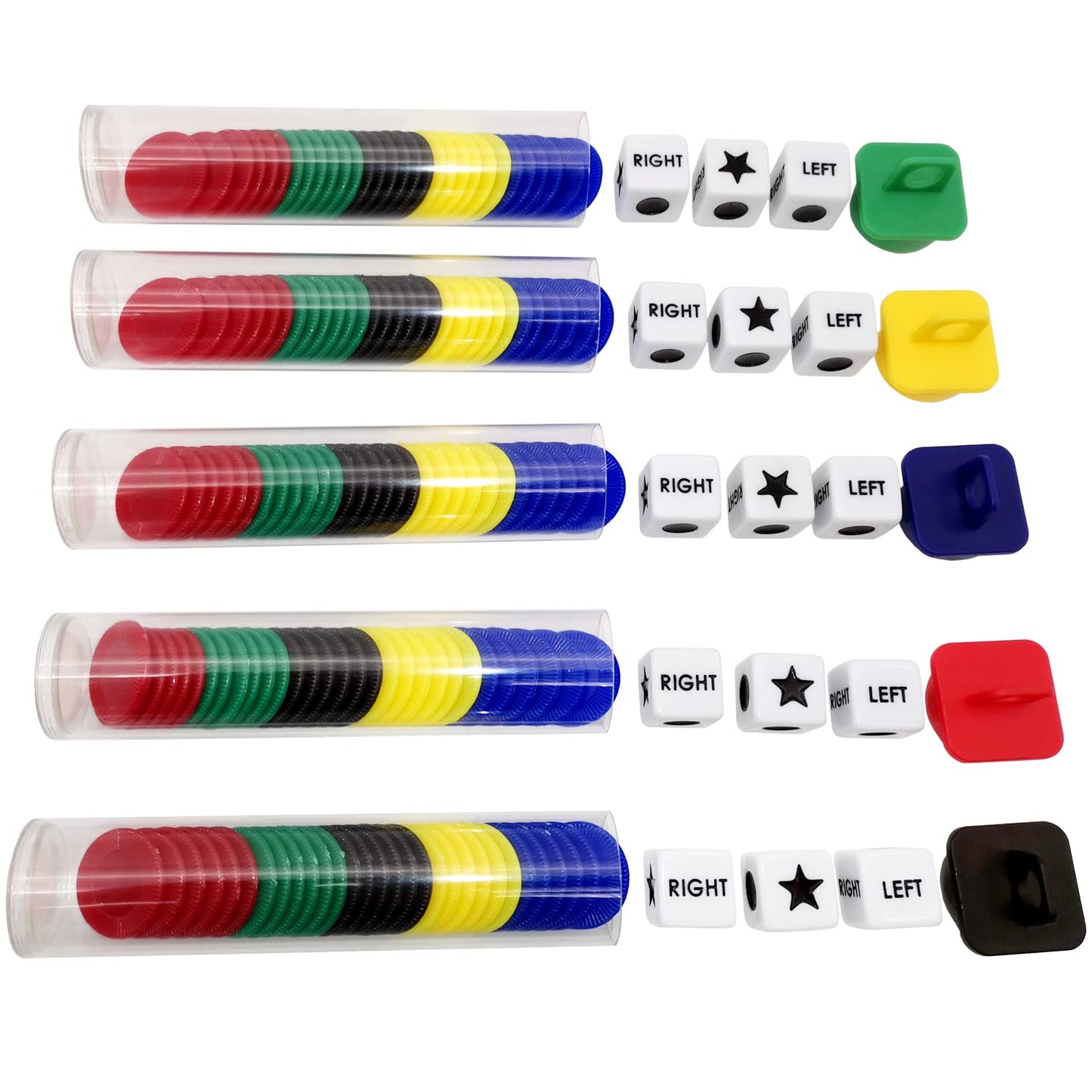 Ahoper Left Right Center Dice Game Bundle — 3 Dice + 30 Chips (5 Pack) Travel Round Tube