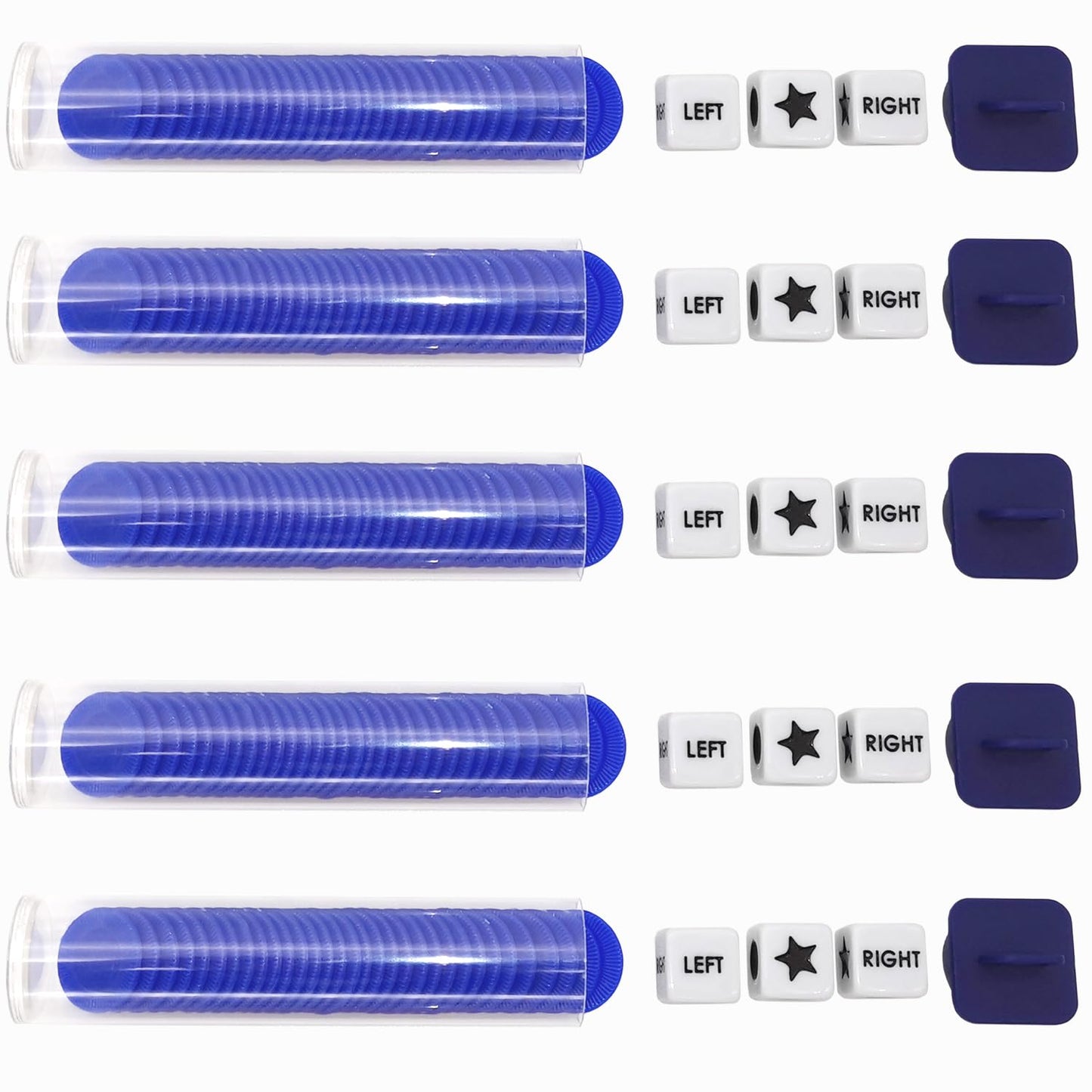 Ahoper Right Left Center Dice Game Prime Bundle - 3 Dice + 30 Chips, Round Tube Travel Storage (Blue 5 Pack)