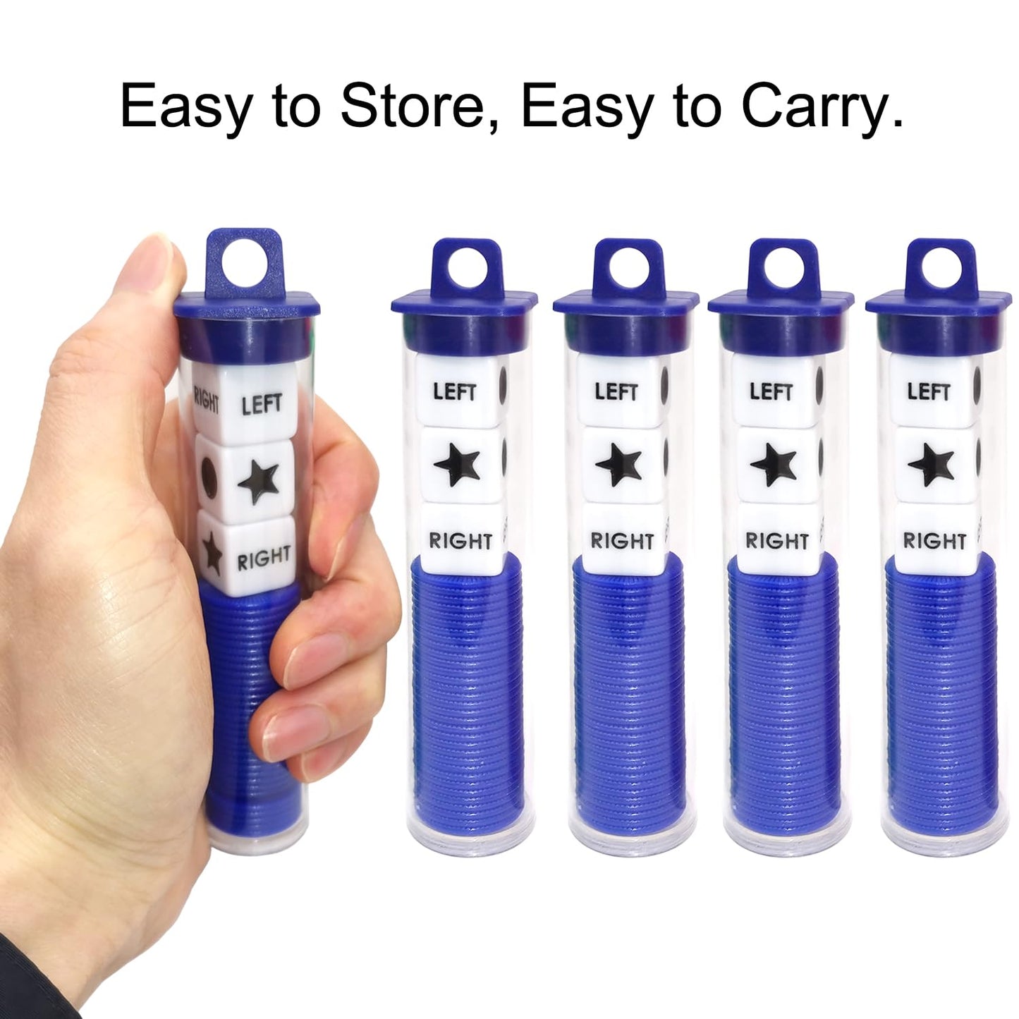 Ahoper Right Left Center Dice Game Prime Bundle - 3 Dice + 30 Chips, Round Tube Travel Storage (Blue 5 Pack)