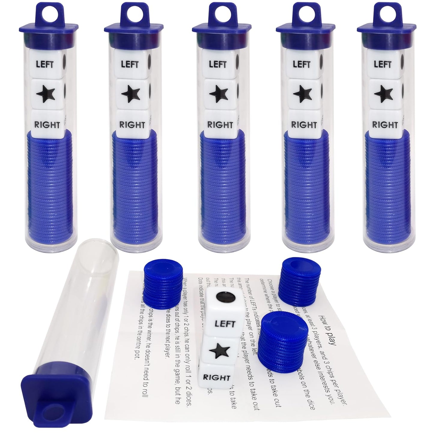 Ahoper Right Left Center Dice Game Prime Bundle - 3 Dice + 30 Chips, Round Tube Travel Storage (Blue 5 Pack)