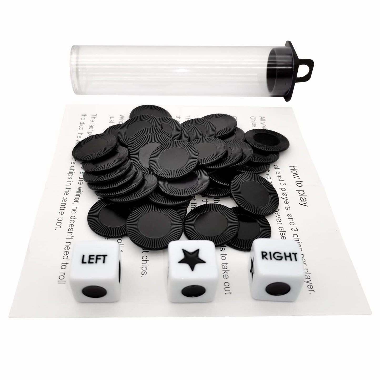 Ahoper Right Left Center Dice Game Prime Set Bundle – 3 Dice + 36 Chips, Travel-Friendly Round Tube Case
