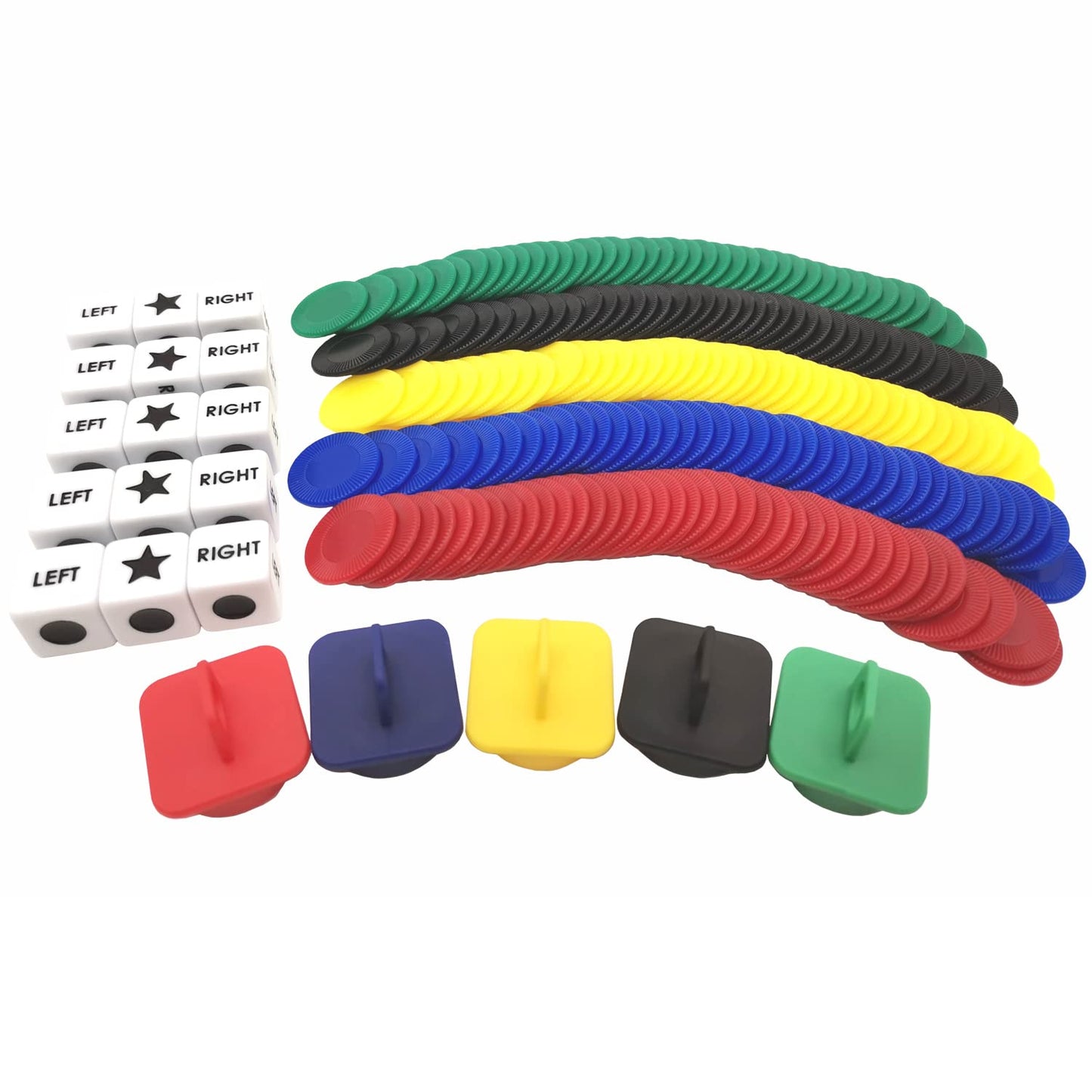 Ahoper Left Right Center Dice Game Prime Set Bundle – 3 Dice + 36 Chips (4 Pack) with Travel Round Tube Storage