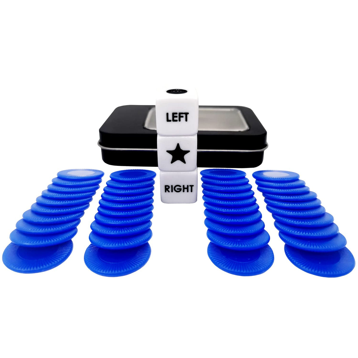 Ahoper Left Right Center Dice Game Prime Set – 3 Dice, 40 Blue Chips, Storage Box