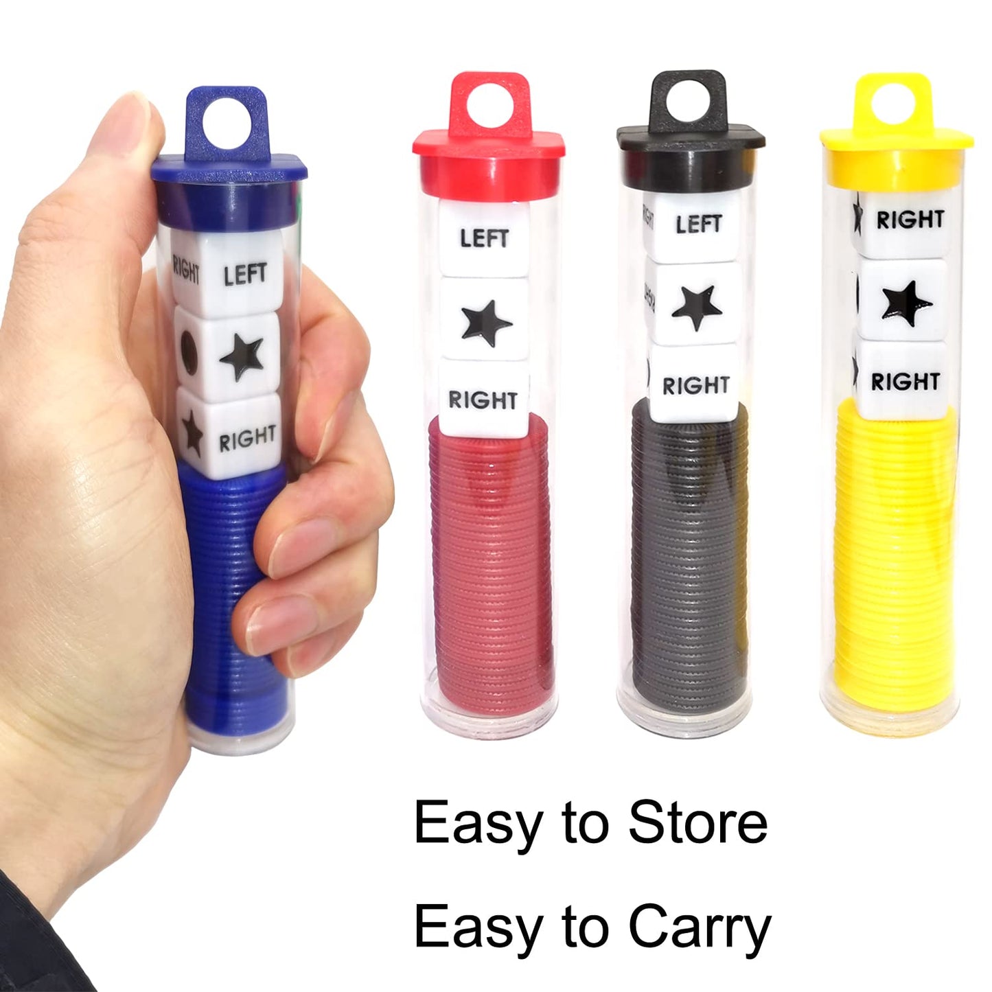 Ahoper Left Right Center Dice Game Prime Set Bundle – 3 Dice + 36 Chips (4 Pack) with Travel Round Tube Storage