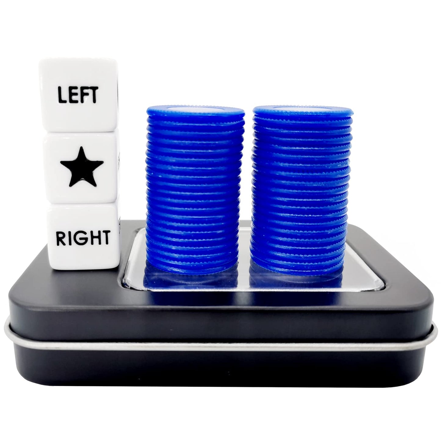 Ahoper Left Right Center Dice Game Prime Set – 3 Dice, 40 Blue Chips, Storage Box