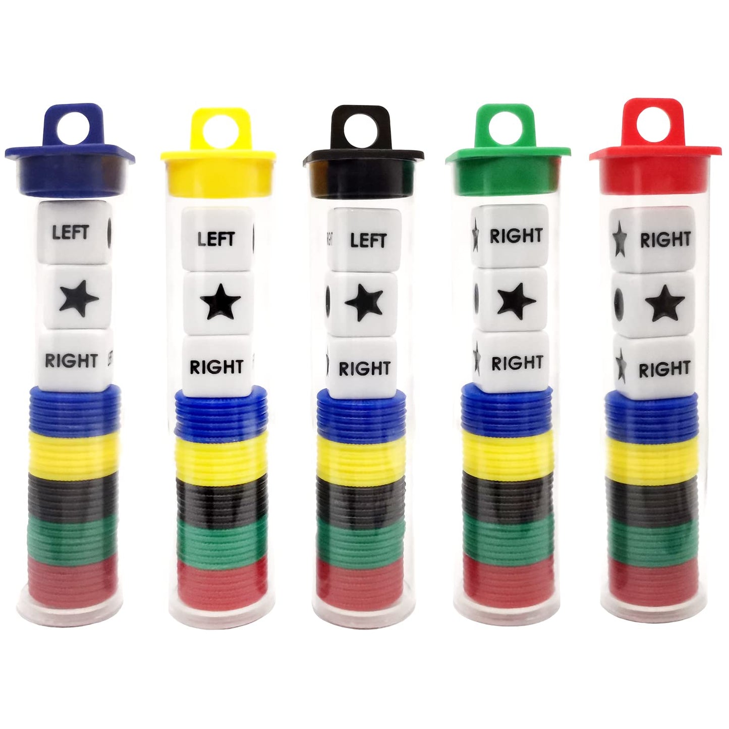 Ahoper Left Right Center Dice Game Bundle — 3 Dice + 30 Chips (5 Pack) Travel Round Tube