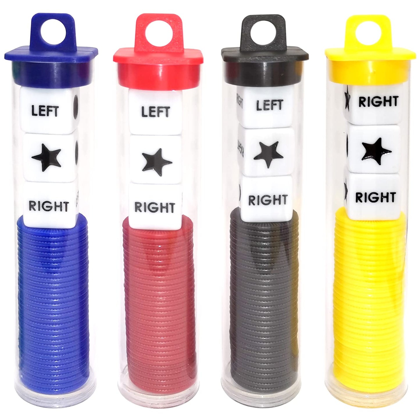 Ahoper Left Right Center Dice Game Prime Set Bundle – 3 Dice + 36 Chips (4 Pack) with Travel Round Tube Storage