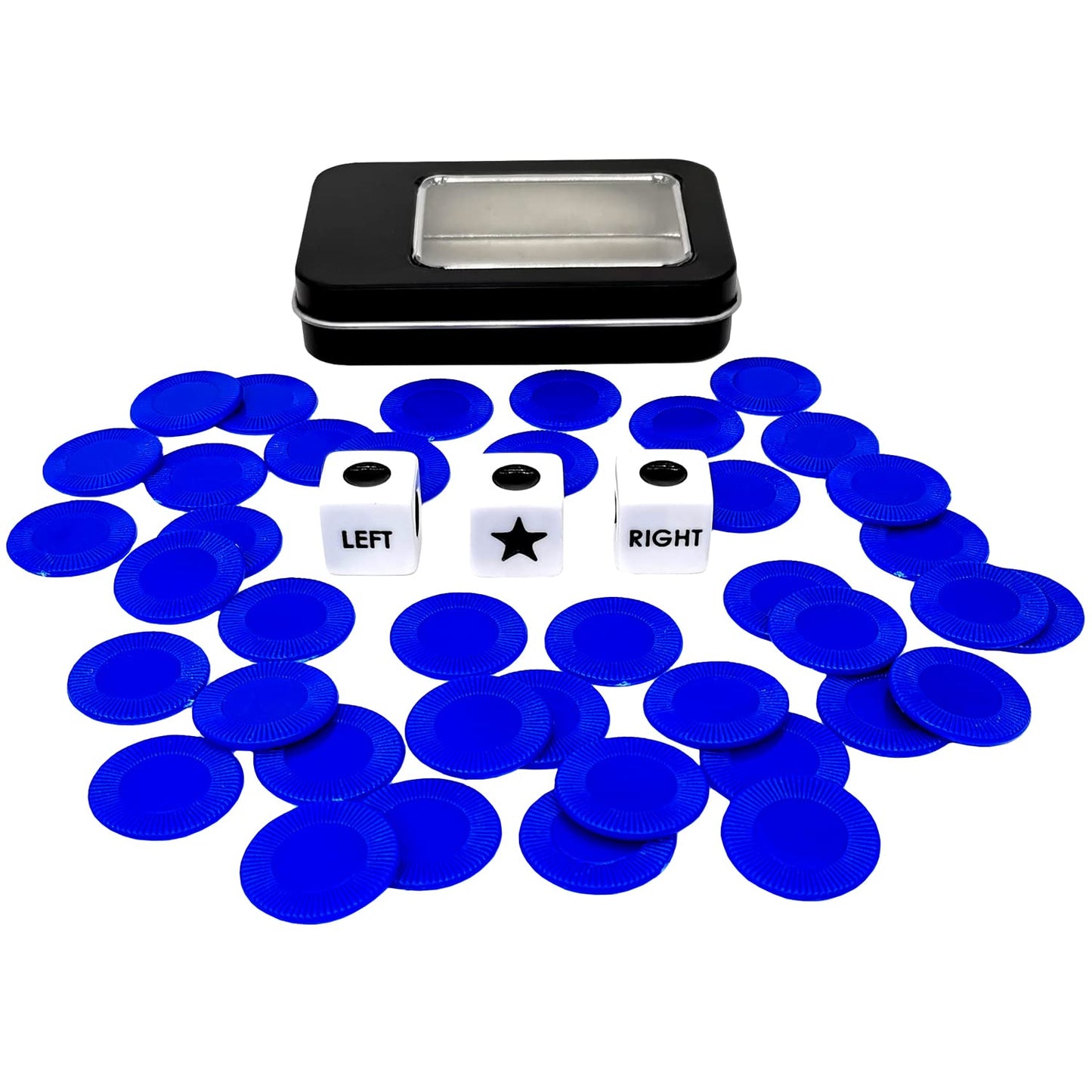Ahoper Left Right Center Dice Game Prime Set – 3 Dice, 40 Blue Chips, Storage Box