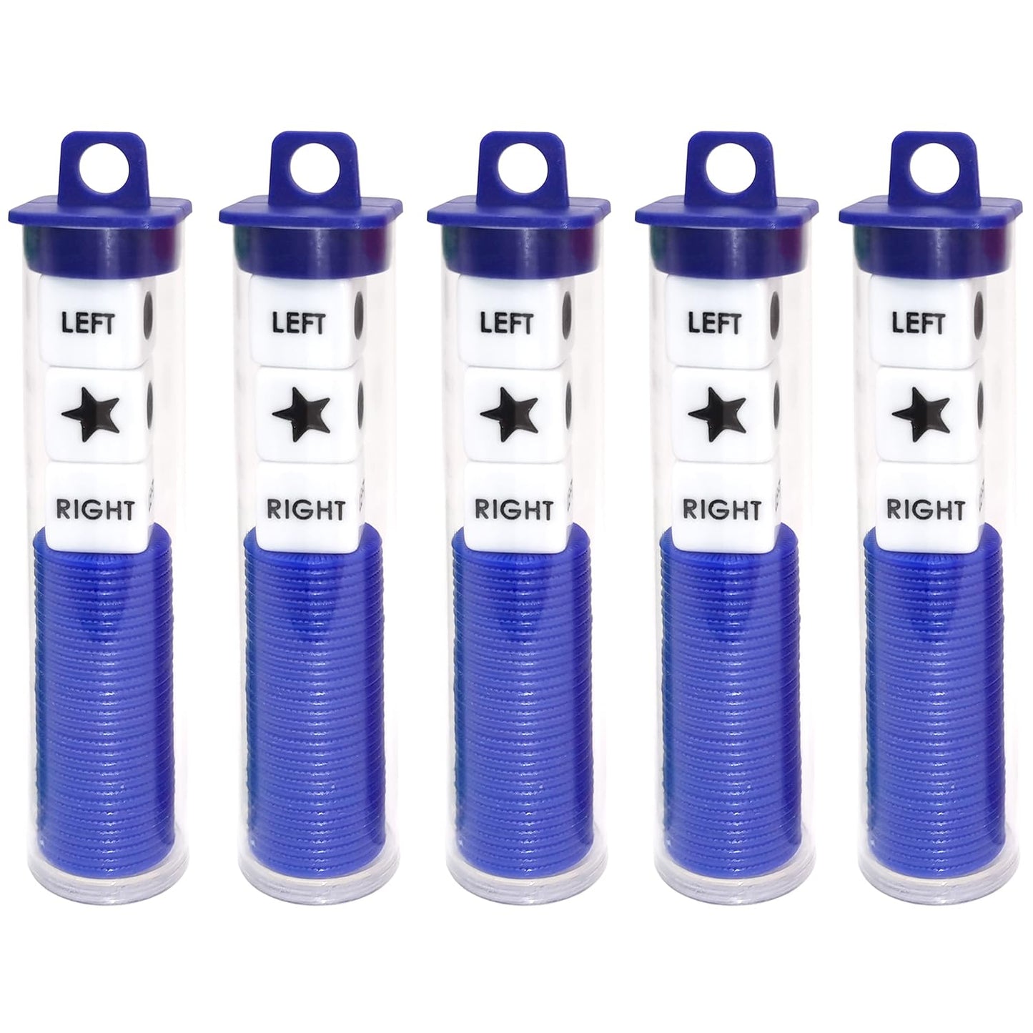 Ahoper Right Left Center Dice Game Prime Bundle - 3 Dice + 30 Chips, Round Tube Travel Storage (Blue 5 Pack)