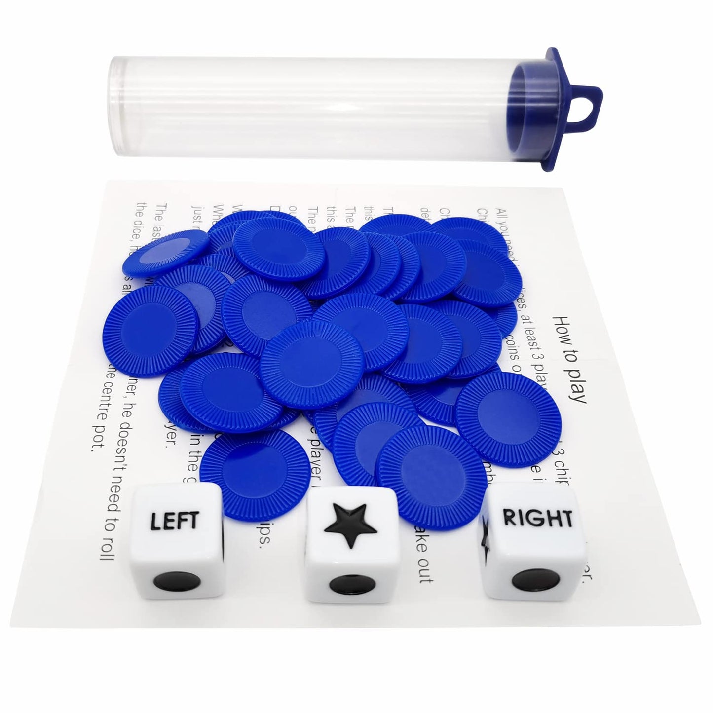 Ahoper Left Right Center Dice Game Bundle – 3 Dice, 36 Chips, Travel Case (Blue)