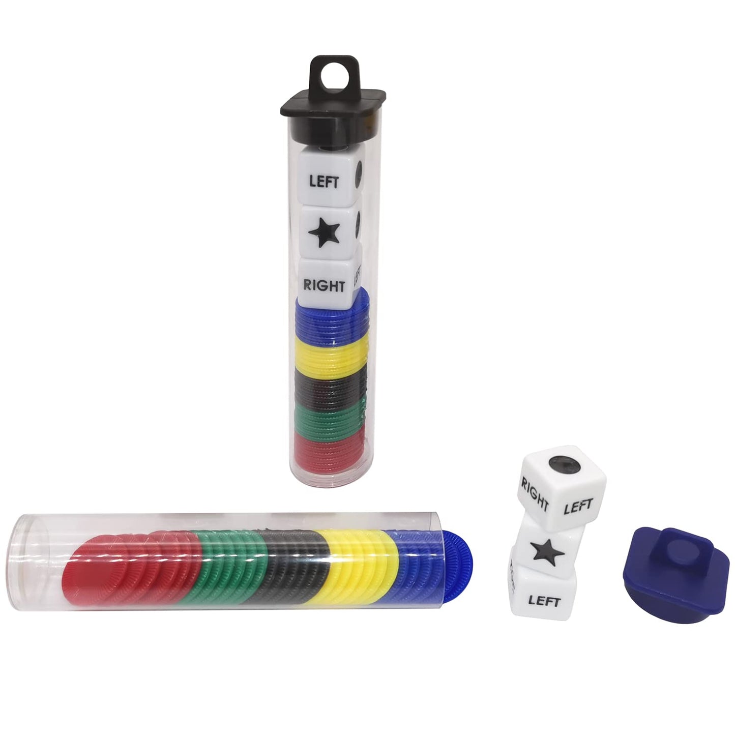Ahoper Left Right Center Dice Game Prime Set Bundle – 2-Pack, 3 Dice + 30 Chips, Travel Round Tube