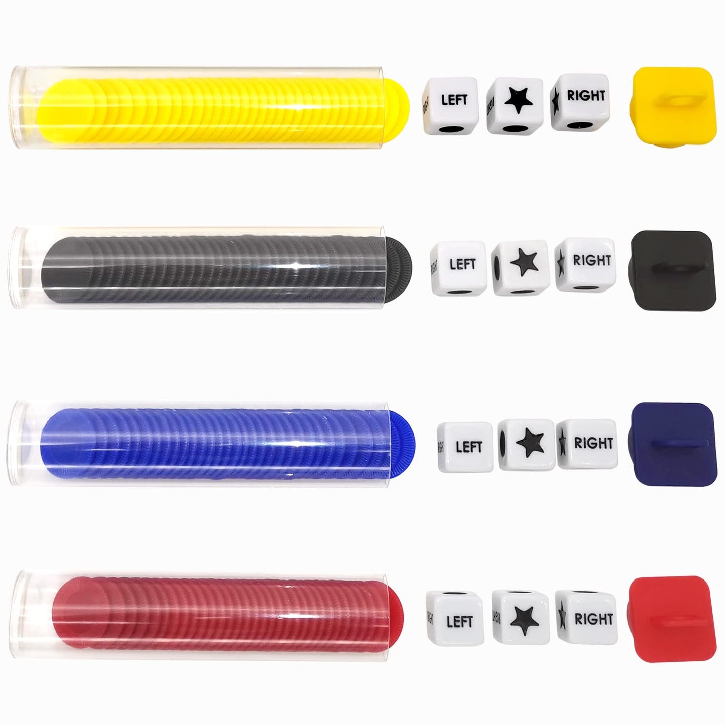 Ahoper Left Right Center Dice Game Prime Set Bundle – 3 Dice + 36 Chips (4 Pack) with Travel Round Tube Storage