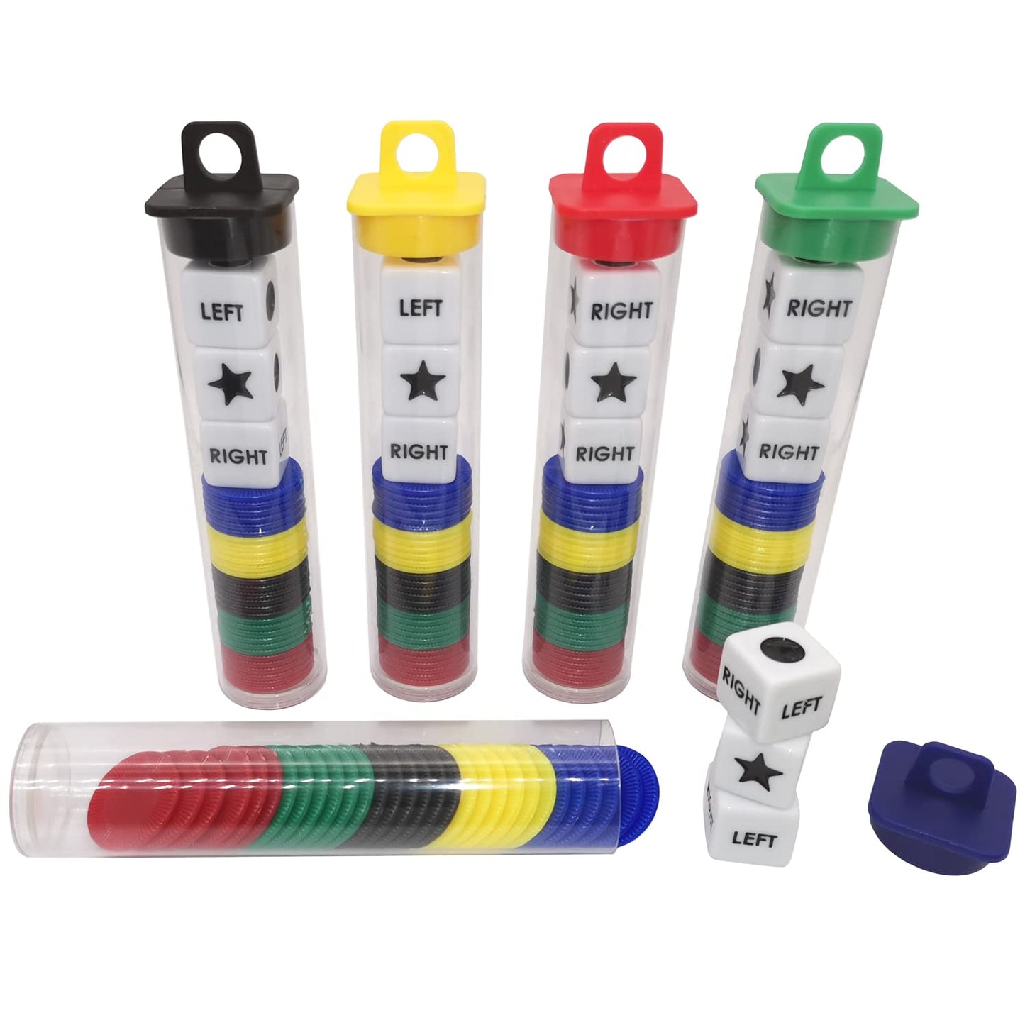 Ahoper Left Right Center Dice Game Bundle — 3 Dice + 30 Chips (5 Pack) Travel Round Tube