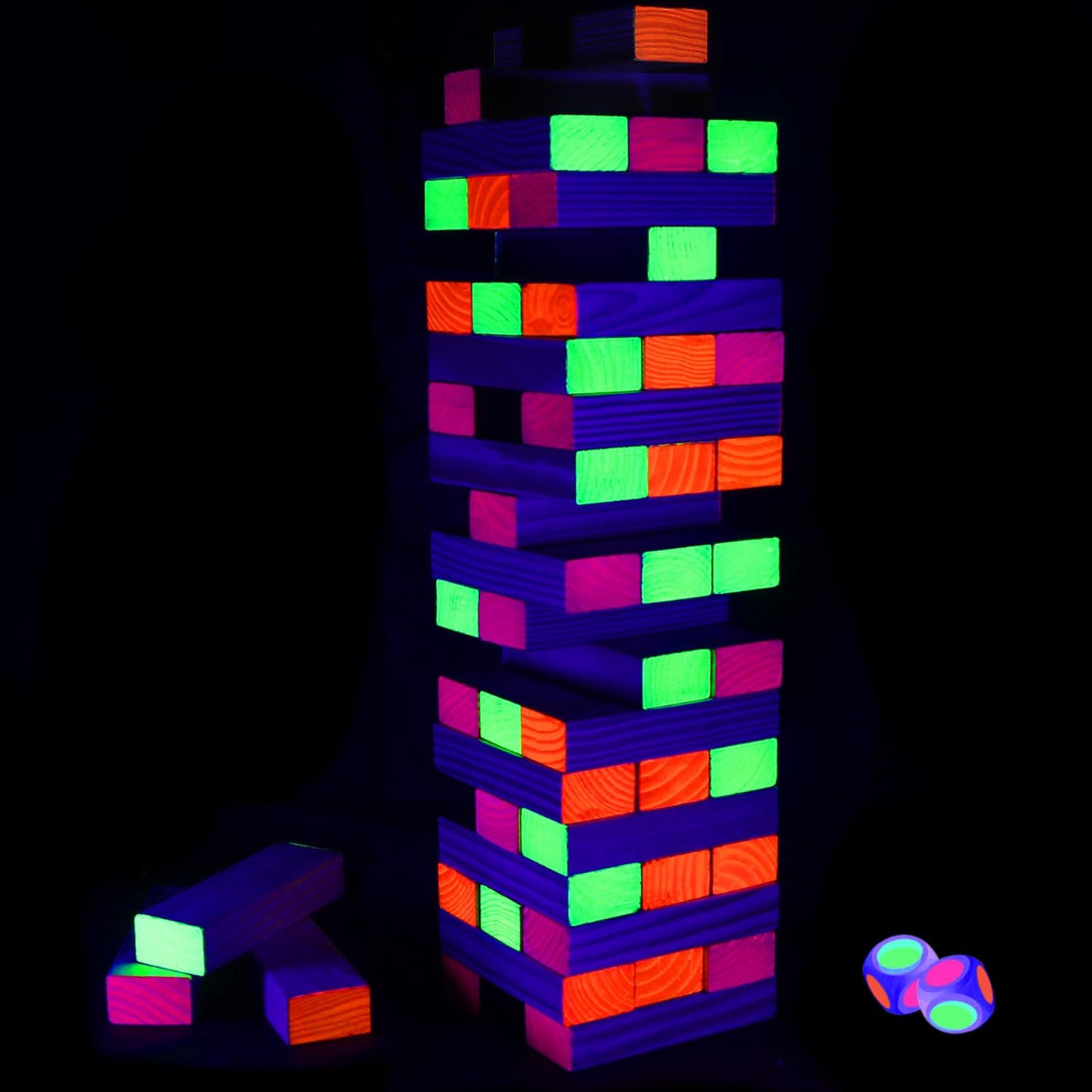 Ahuimeius 54-Piece Glow Tumble Tower - Blacklight Indoor/Outdoor Family Game Night