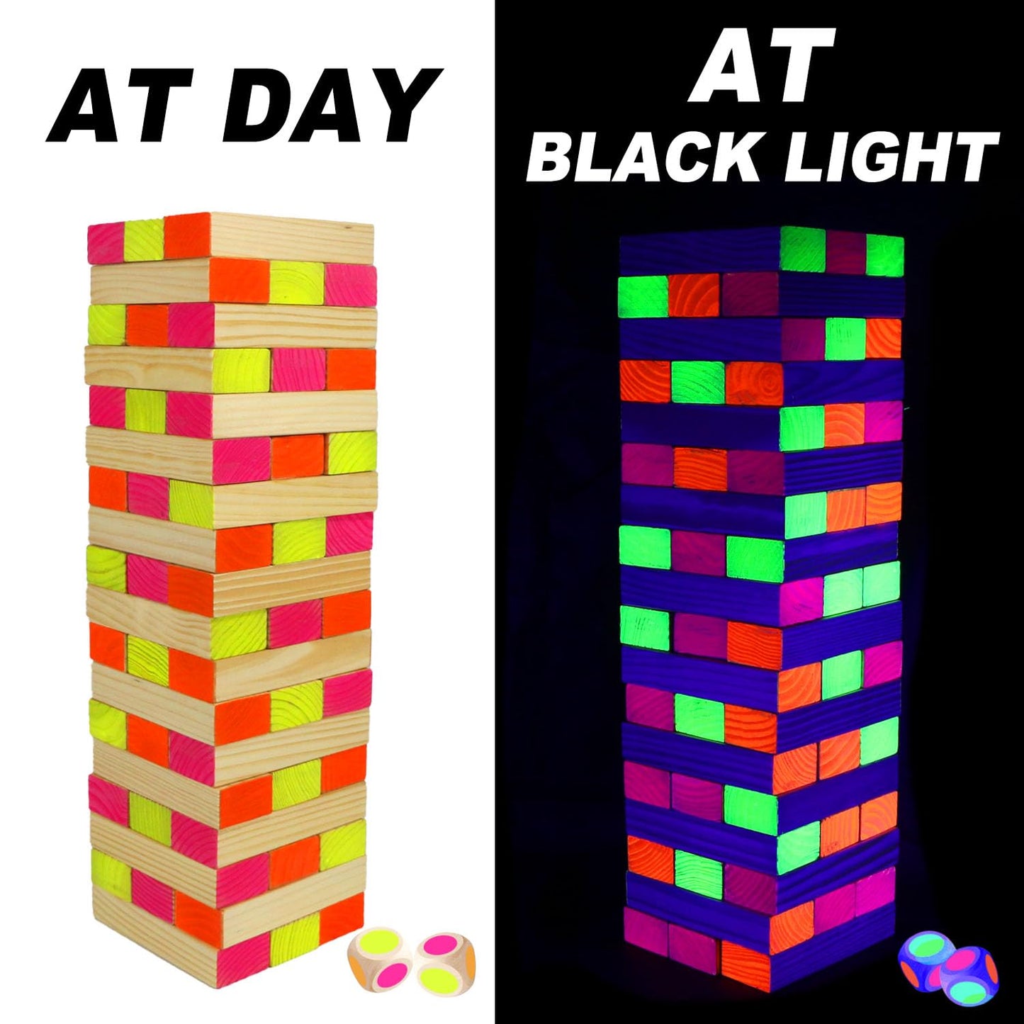 Ahuimeius 54-Piece Glow Tumble Tower - Blacklight Indoor/Outdoor Family Game Night
