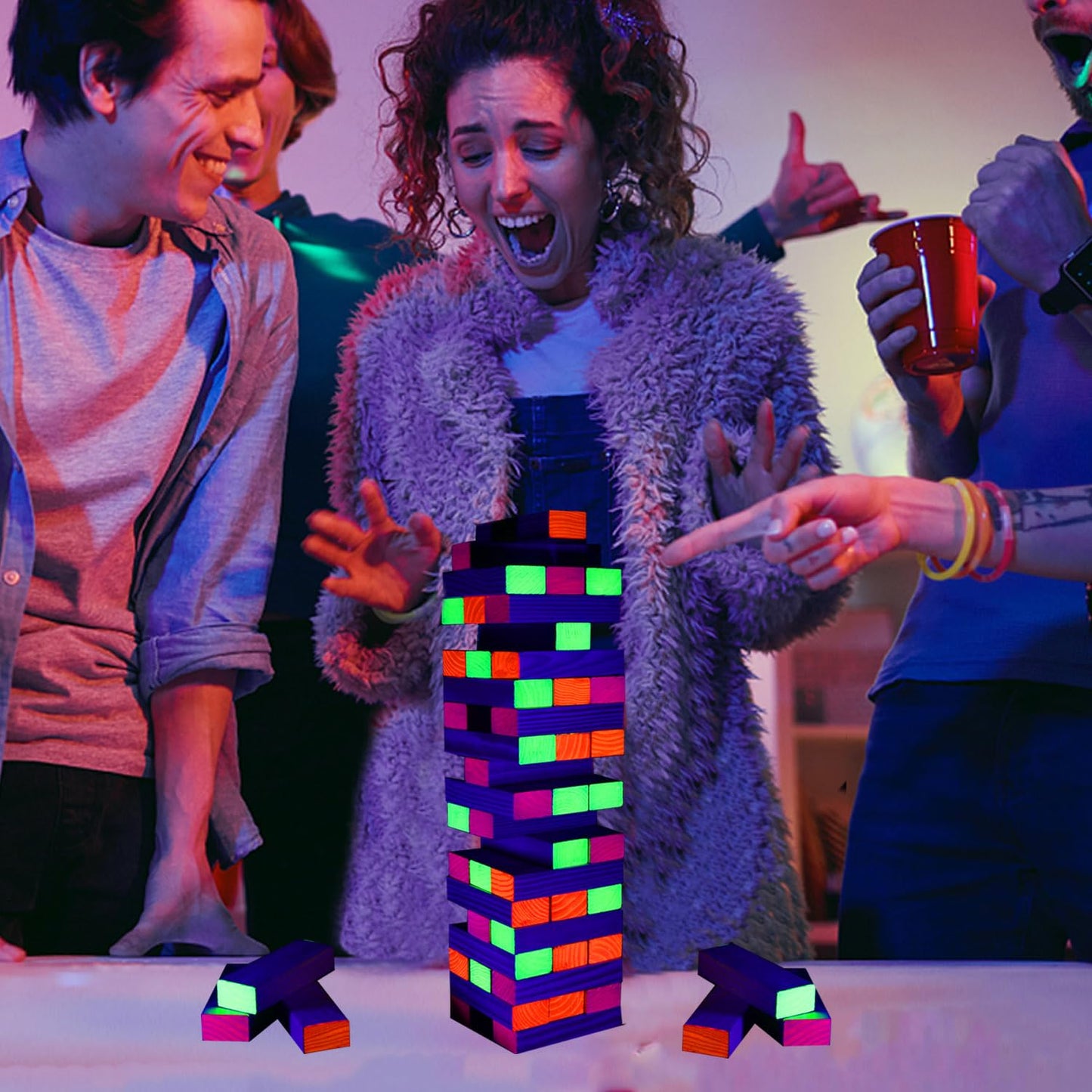 Ahuimeius 54-Piece Glow Tumble Tower - Blacklight Indoor/Outdoor Family Game Night