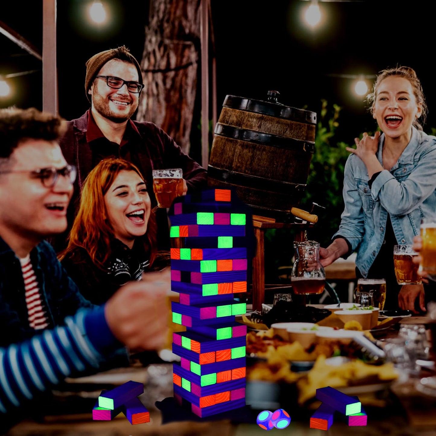 Ahuimeius 54-Piece Glow Tumble Tower - Blacklight Indoor/Outdoor Family Game Night