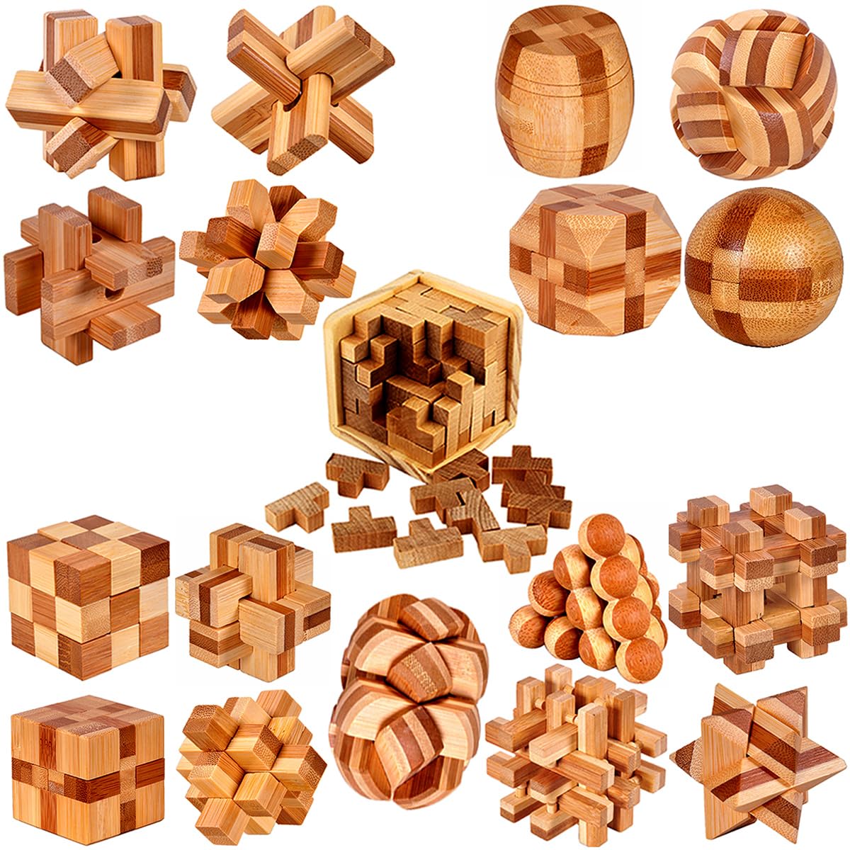 Ahyuan 18-Pack Wooden Brain Teaser Puzzles – Gift Box Included | Bamboo Burr Puzzles for Kids & Adults