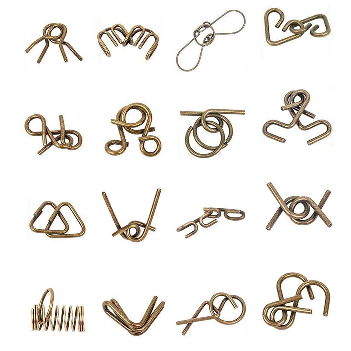 Ahyuan 16-Piece Metal Wire Puzzles with Pouch – Bronze IQ Mind Teasers