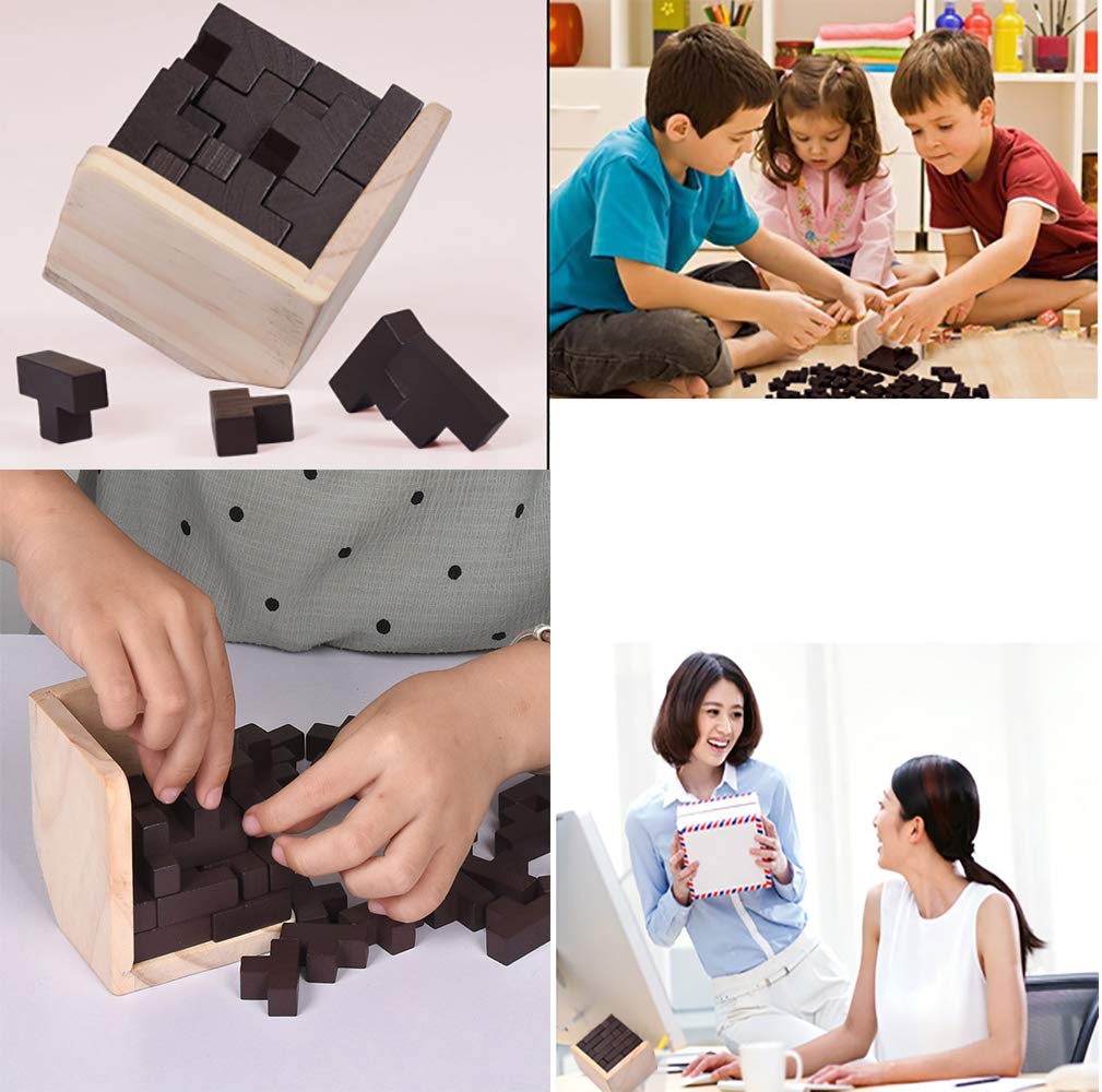 Ahyuan Wooden Brain Teaser Cube – T-Shaped Puzzle for Kids & Adults (Coffee)