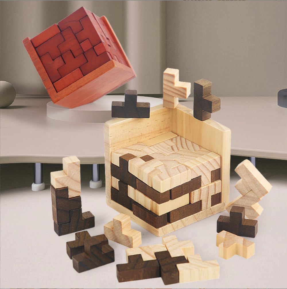 Ahyuan Wooden Brain Teaser Puzzle Cube – T-Shaped Jigsaw for Kids & Adults