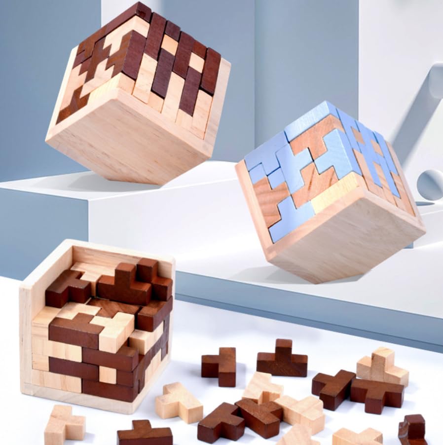 Ahyuan Wooden Brain Teaser Puzzle Cube – T-Shaped Jigsaw for Kids & Adults