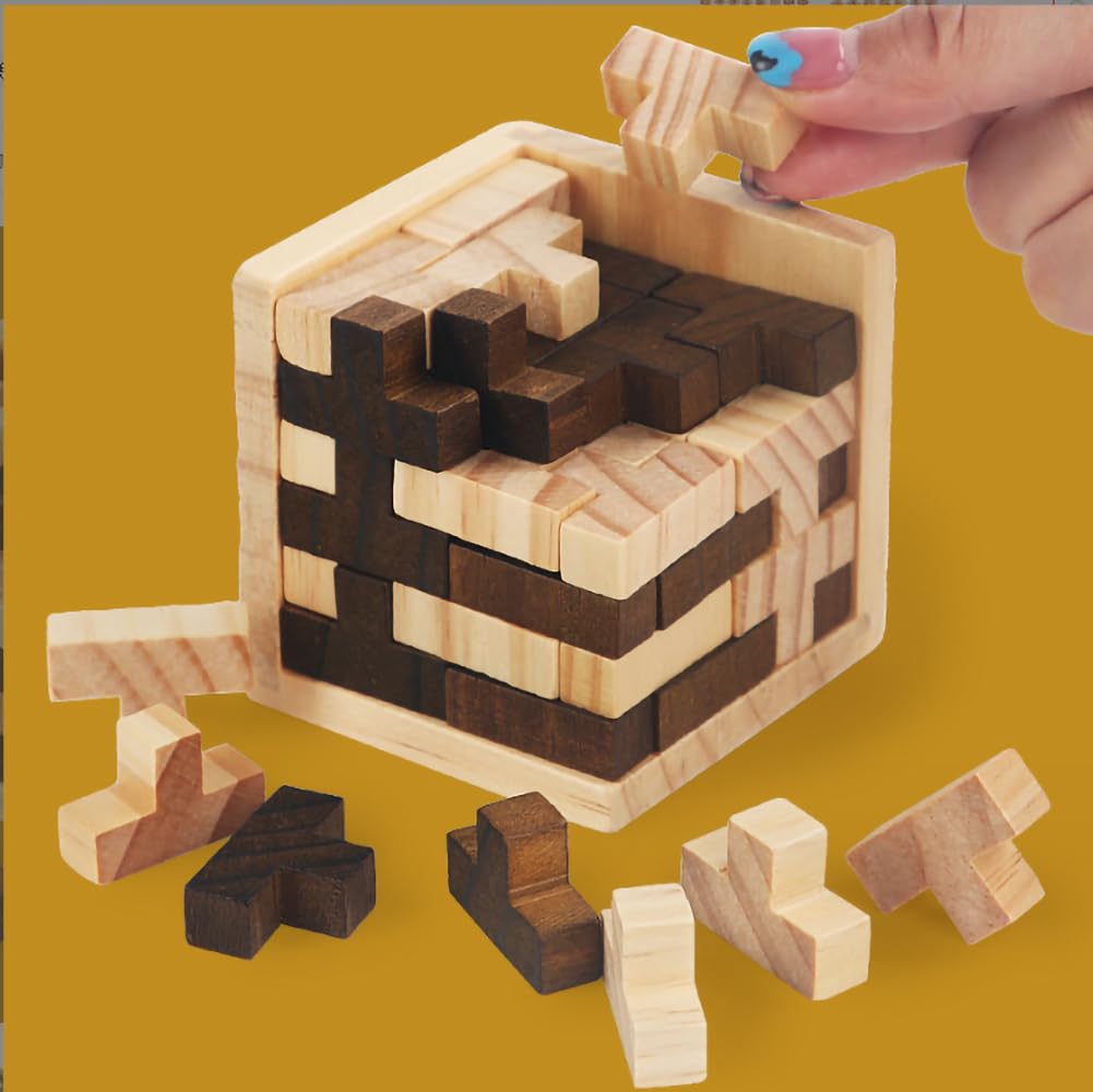 Ahyuan Wooden Brain Teaser Puzzle Cube – T-Shaped Jigsaw for Kids & Adults