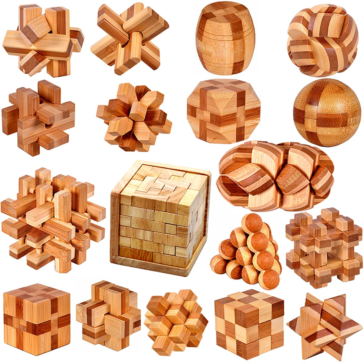 Ahyuan 18-Pack Wooden Brain Teaser Puzzles – Gift Box Included | Bamboo Burr Puzzles for Kids & Adults