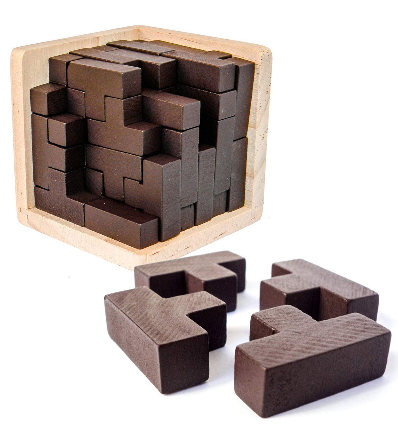 Ahyuan Wooden Brain Teaser Cube – T-Shaped Puzzle for Kids & Adults (Coffee)