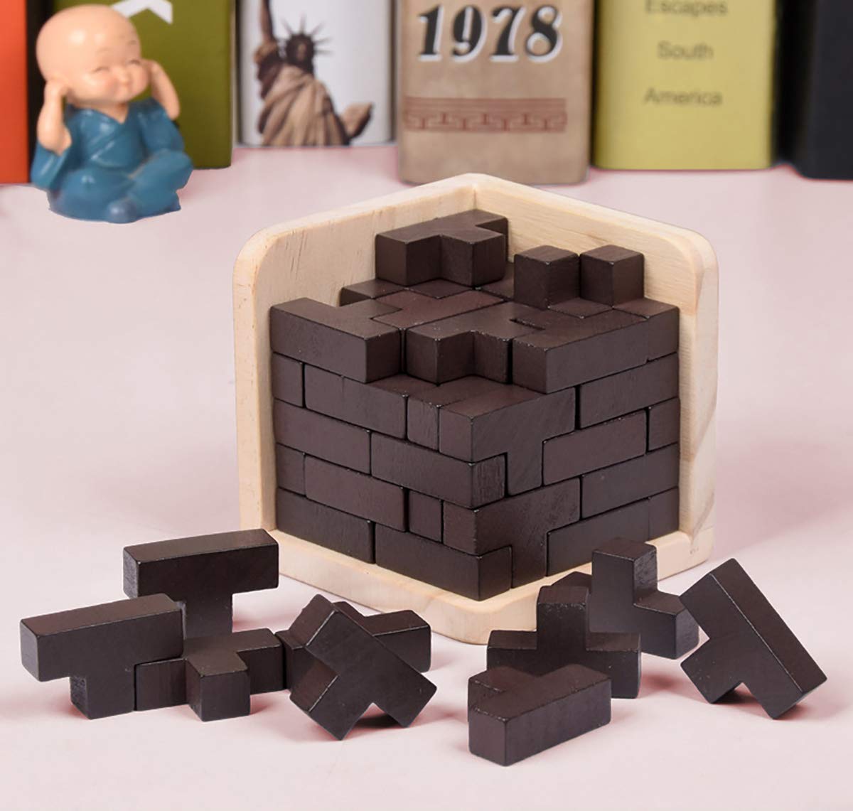 Ahyuan Wooden Brain Teaser Cube – T-Shaped Puzzle for Kids & Adults (Coffee)