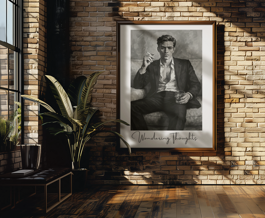 Contemplative Mood Poster. Stylish Man with Whiskey & Cigarette